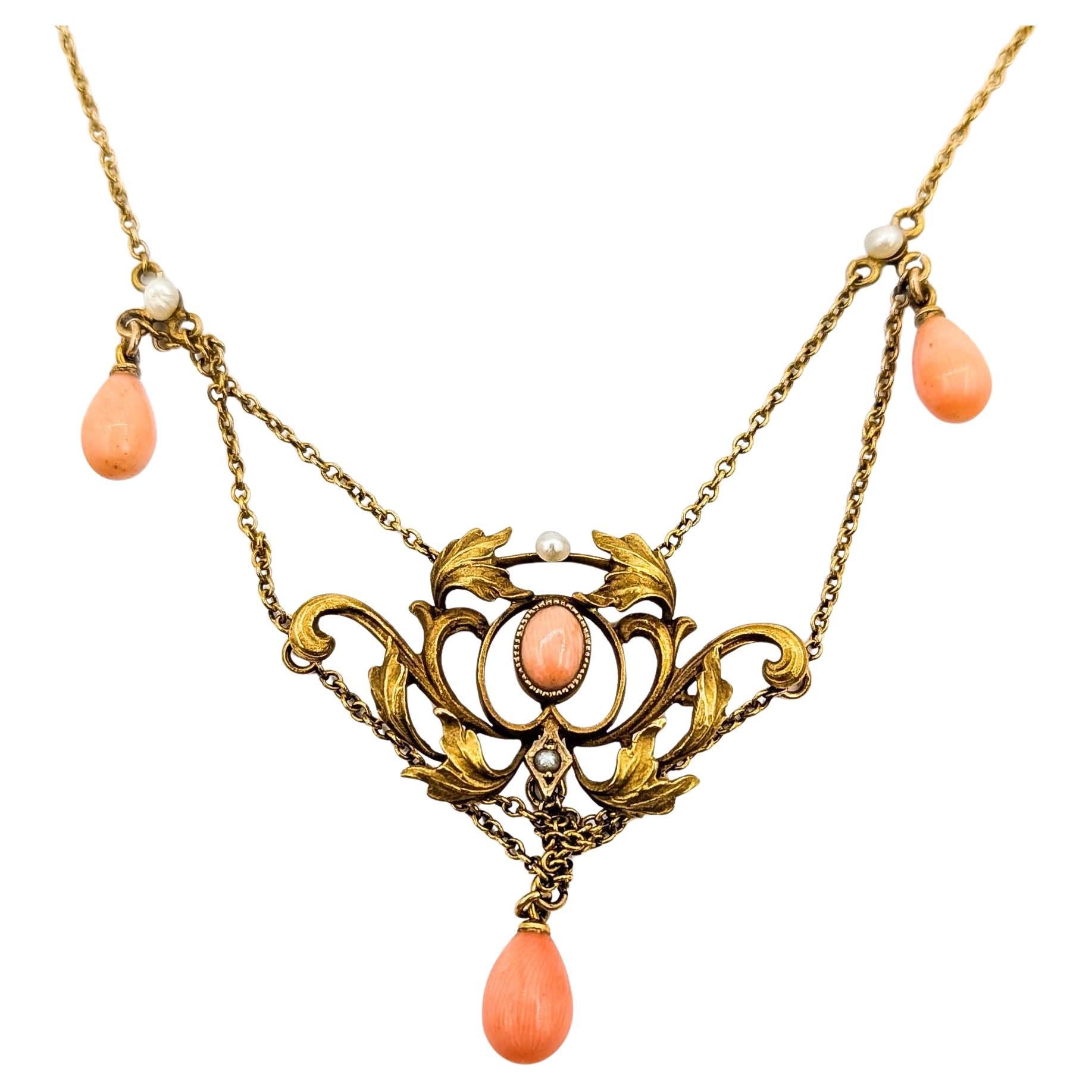 Majestic Coral and Seed Pearl 10k Gold Necklace For Sale