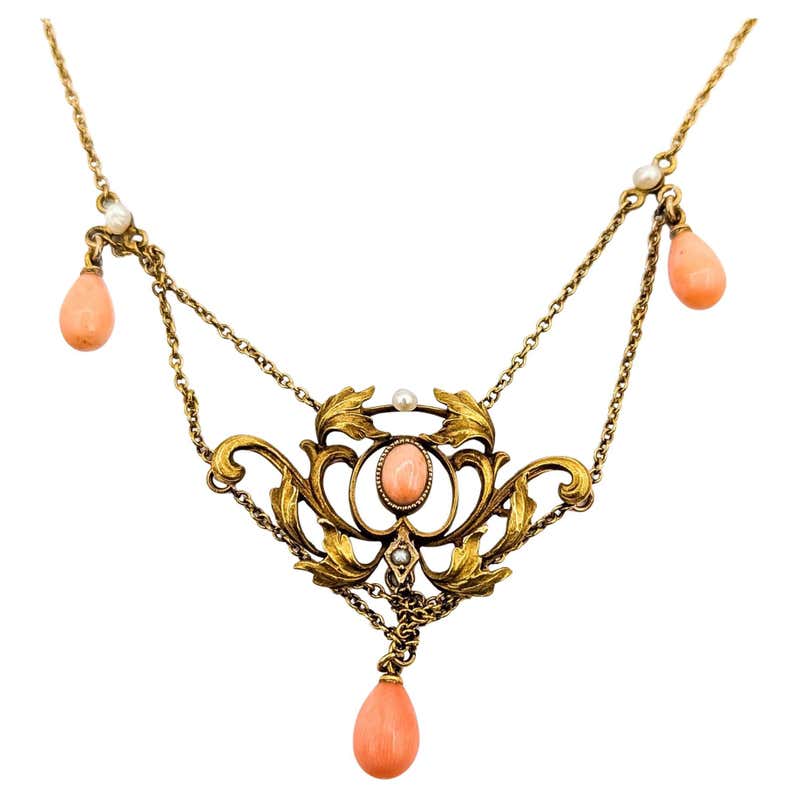 Antique Art Nouveau Krementz 18K Gold Coral and Freshwater Pearl Swag