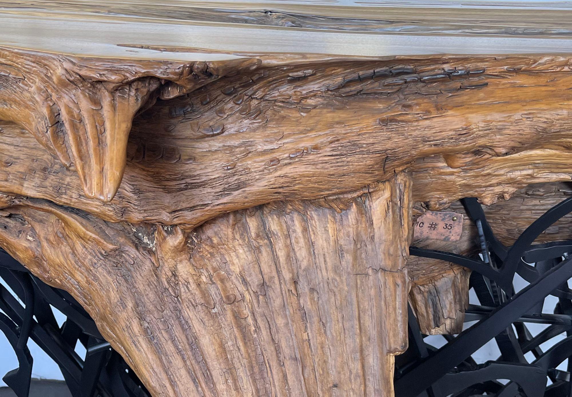 Majestic Cypress Tree Log Console with Sculptural Steel Base. Labeled PMC #35. For Sale 2