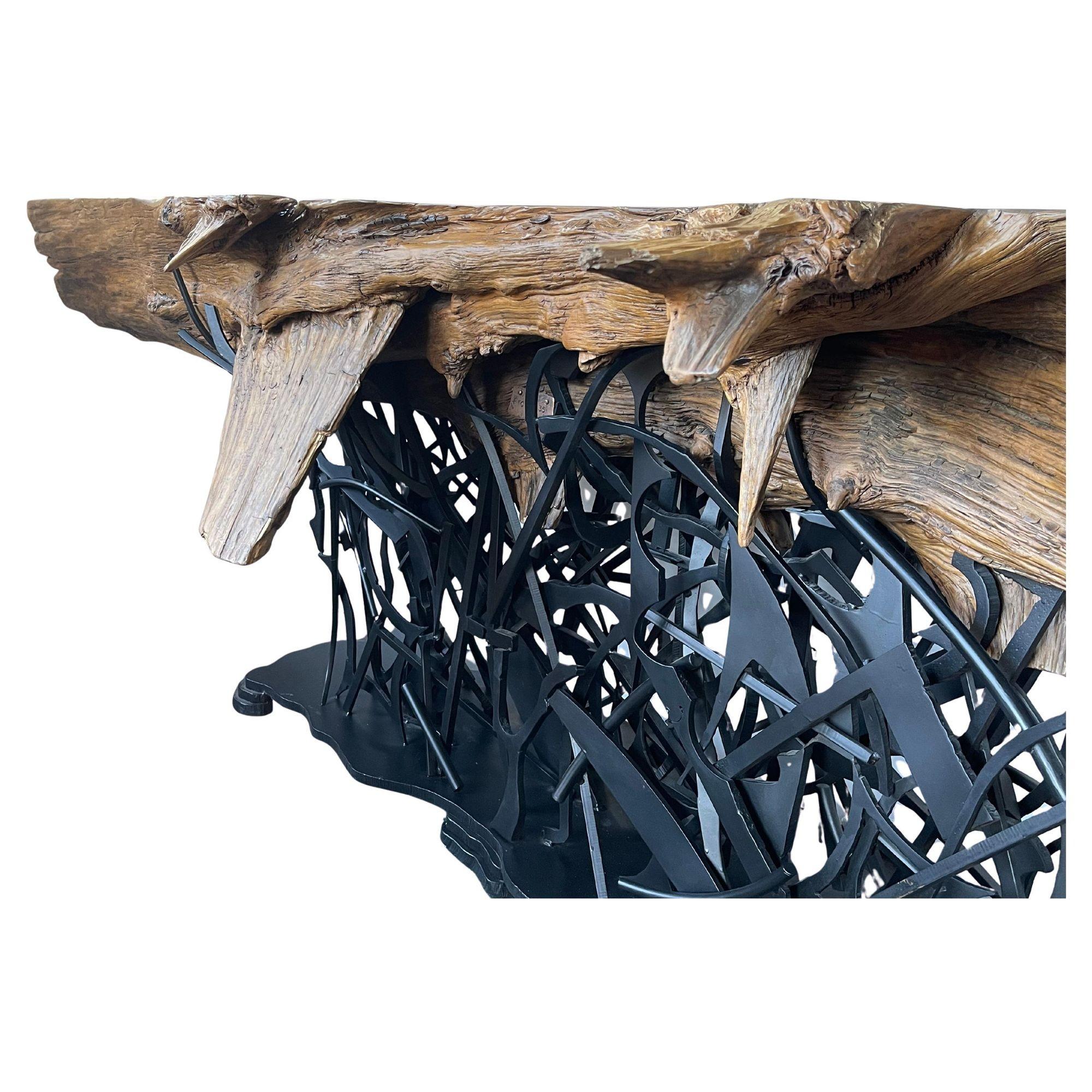 Majestic Cypress Tree Log Console with Sculptural Steel Base. Labeled PMC #35. For Sale 3