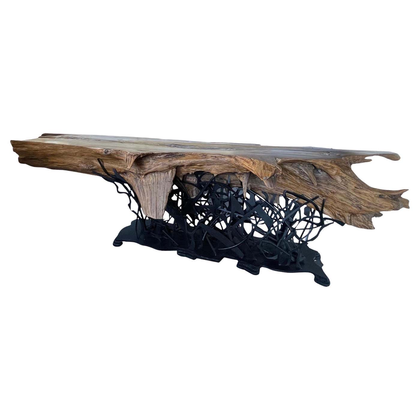 Majestic Cypress Tree Log Console with Sculptural Steel Base. Labeled ...