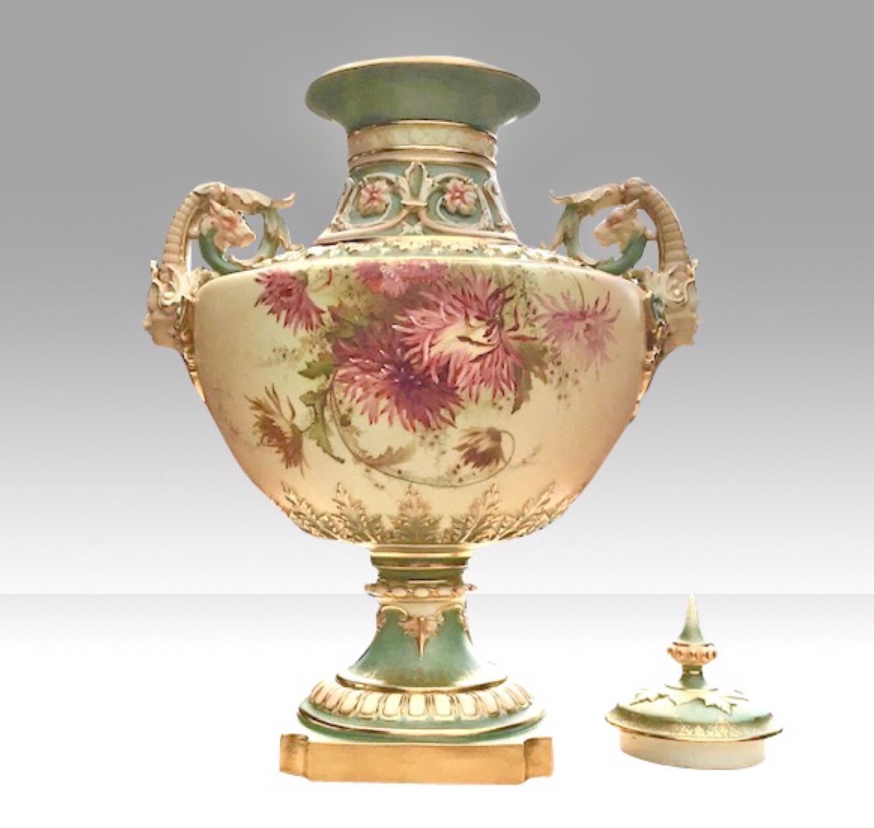 Majestic Edward Raby Royal Worcester Blush Ivory and Turquoise Vase and Cover 4