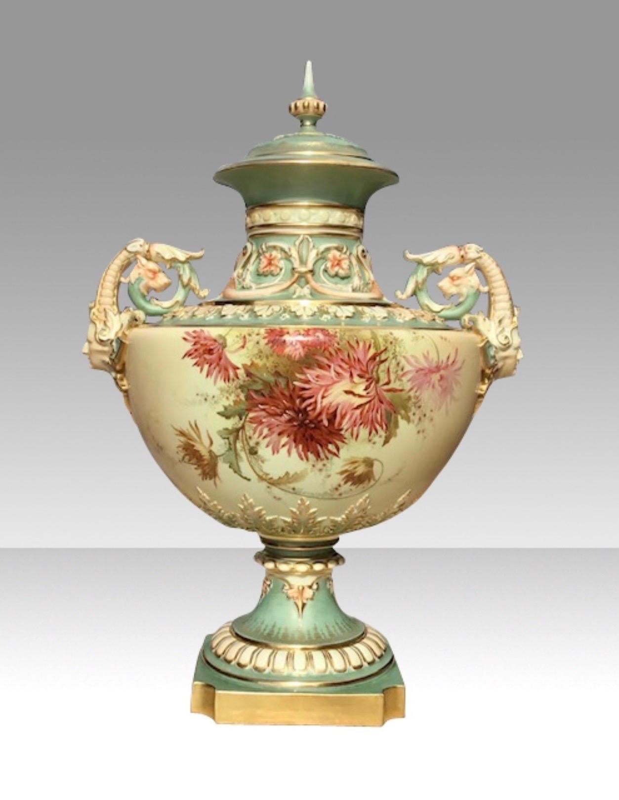 Majestic Edward Raby Royal Worcester Blush Ivory and Turquoise Vase and Cover 5