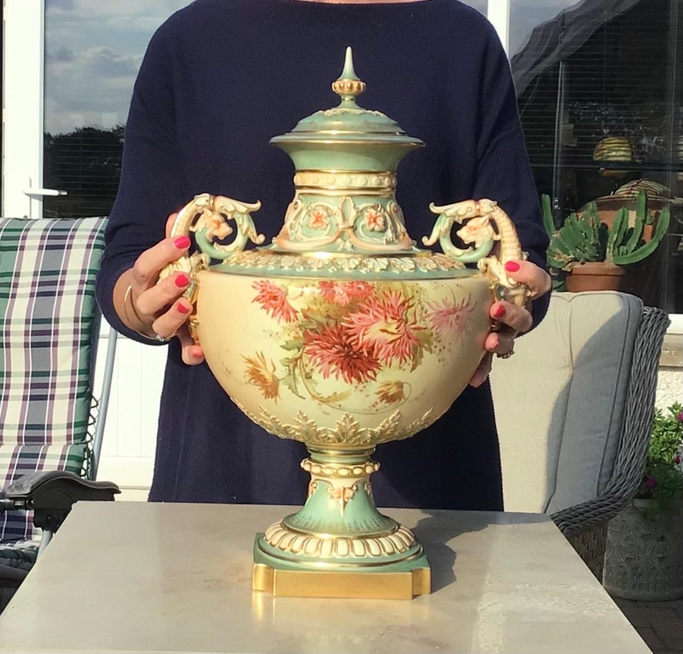 Greek Revival Majestic Edward Raby Royal Worcester Blush Ivory and Turquoise Vase and Cover