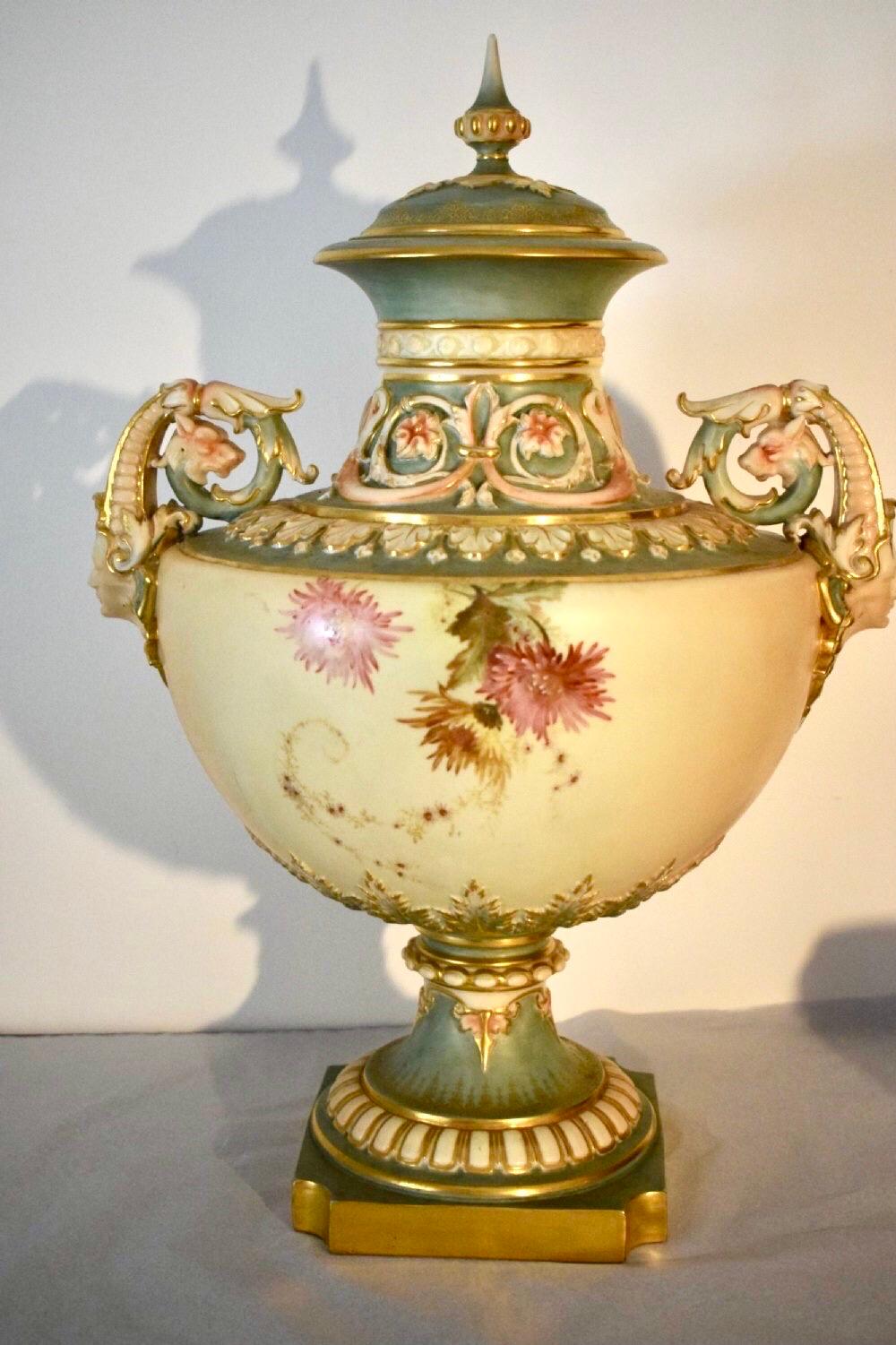 British Majestic Edward Raby Royal Worcester Blush Ivory and Turquoise Vase and Cover
