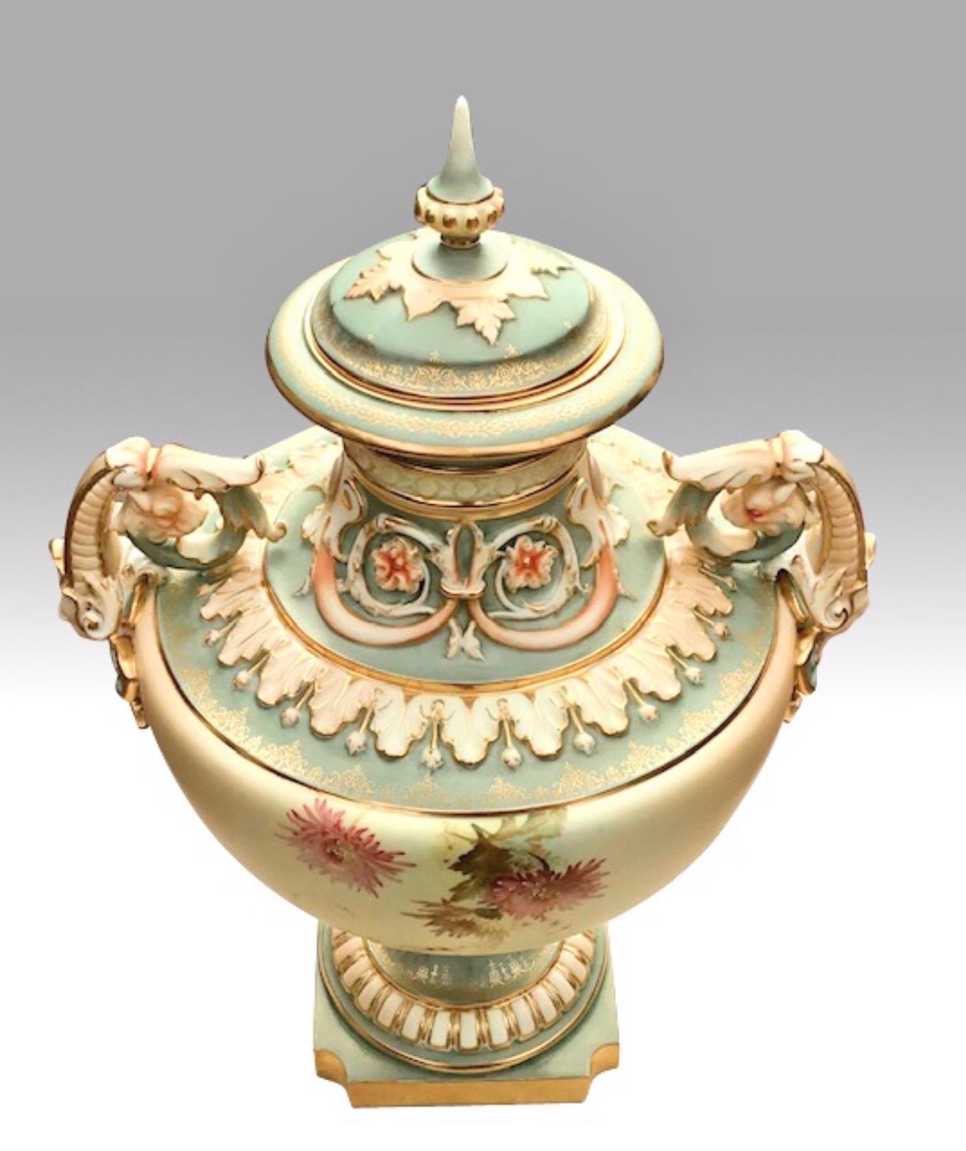 Porcelain Majestic Edward Raby Royal Worcester Blush Ivory and Turquoise Vase and Cover