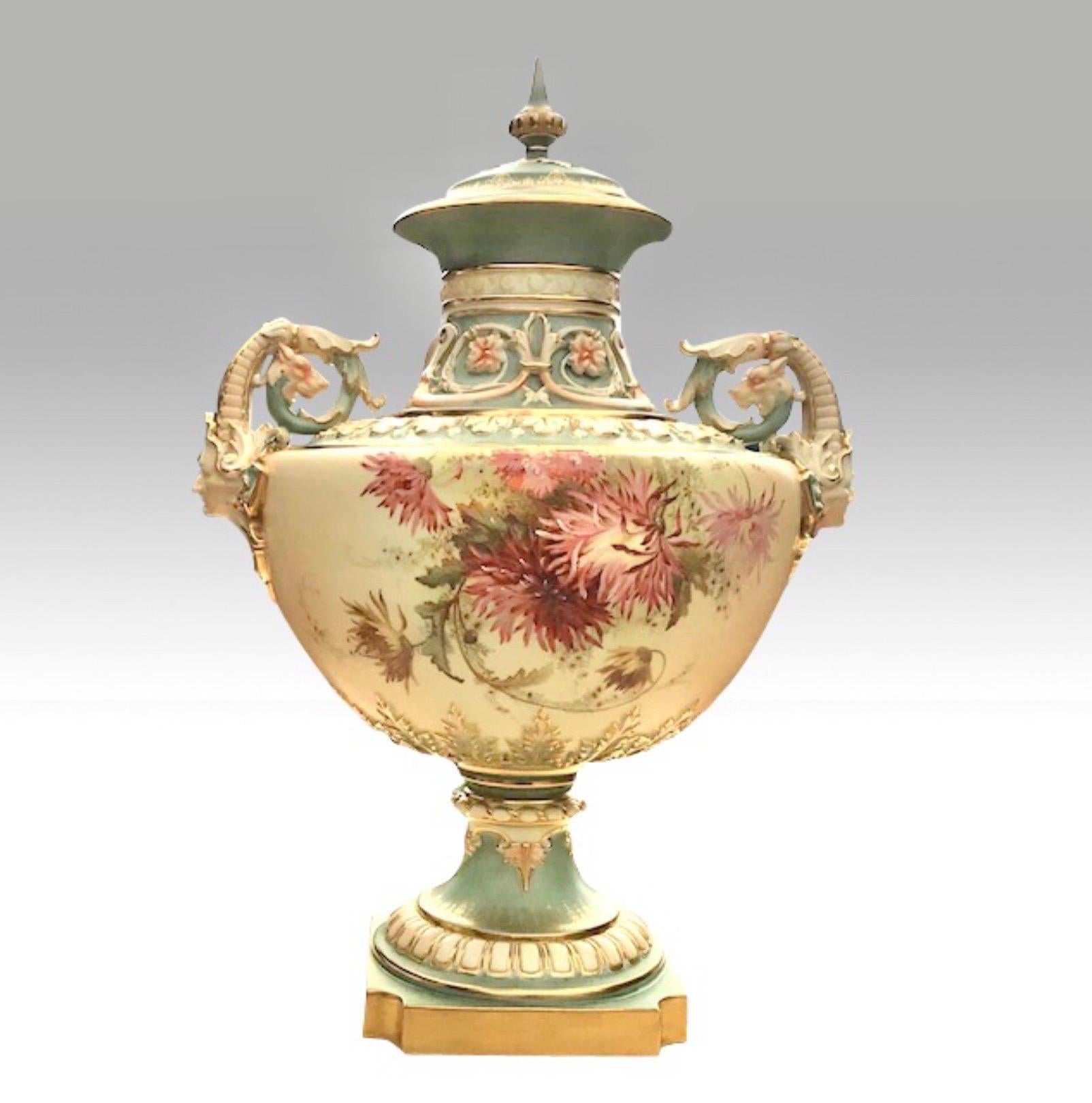 Majestic Edward Raby Royal Worcester Blush Ivory and Turquoise Vase and Cover 2