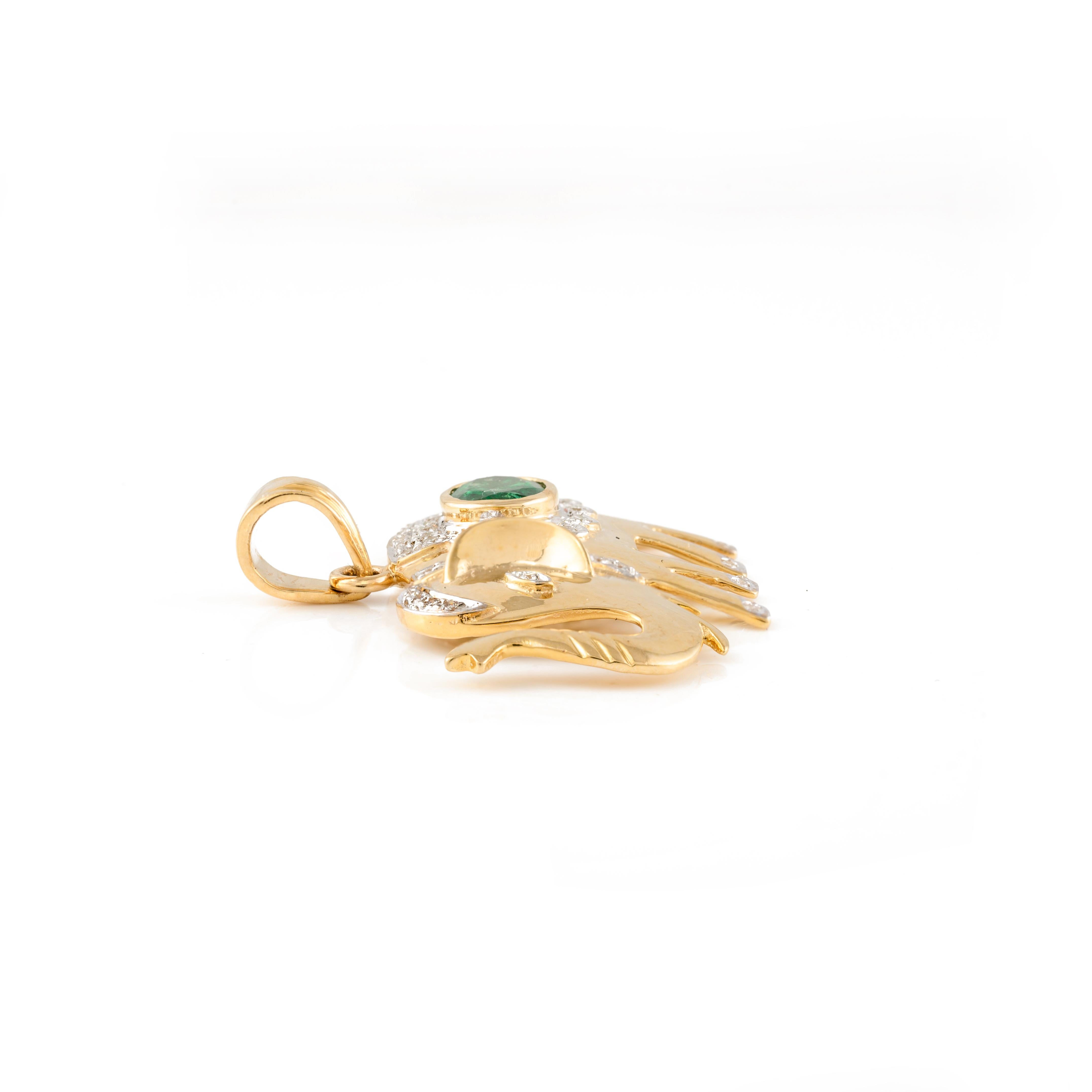 Majestic Emerald Diamond Elephant Lucky Pendant in 14K Gold. This stunning piece of jewelry instantly elevates a casual look or dressy outfit. 
Emerald enhances the intellectual capacity of the person.
Designed with genuine diamonds studded in