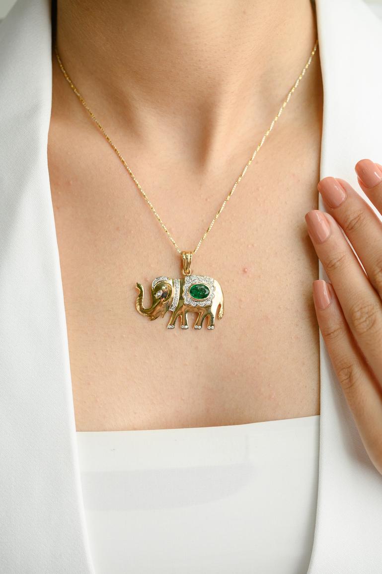 Contemporary Majestic Elephant Emerald Diamond Pendant, 14k Solid Yellow Gold Lucky Pendant For Sale