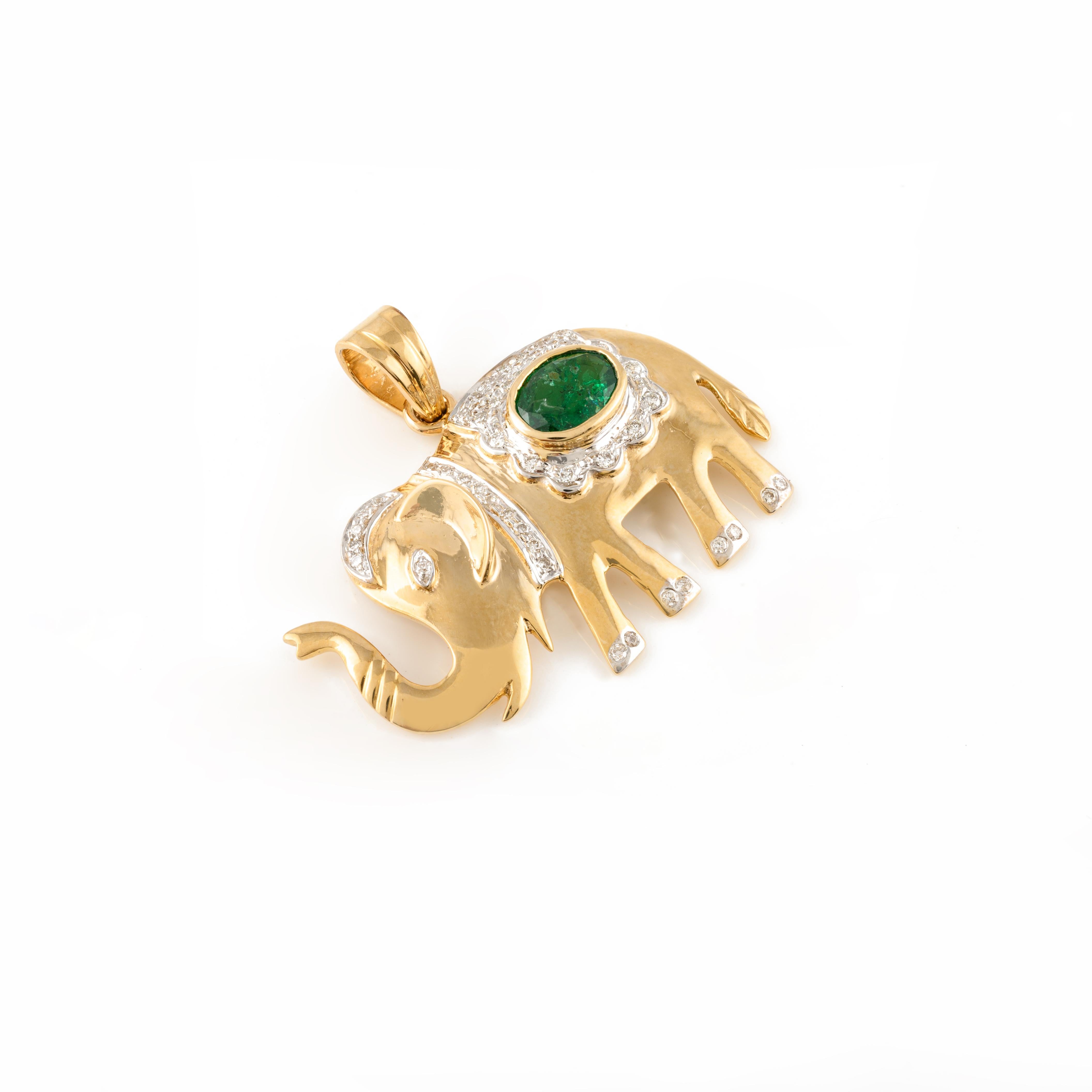 Majestic Elephant Emerald Diamond Pendant, 14k Solid Yellow Gold Lucky Pendant For Sale 1