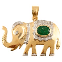 Pendentif Majestic Elephant Emerald Diamond, pendentif porte-bonheur en or jaune massif 14k