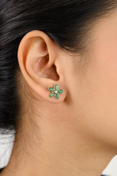 Majestic Emerald Diamond Floral Stud Earrings Gift in 18k Solid Yellow Gold