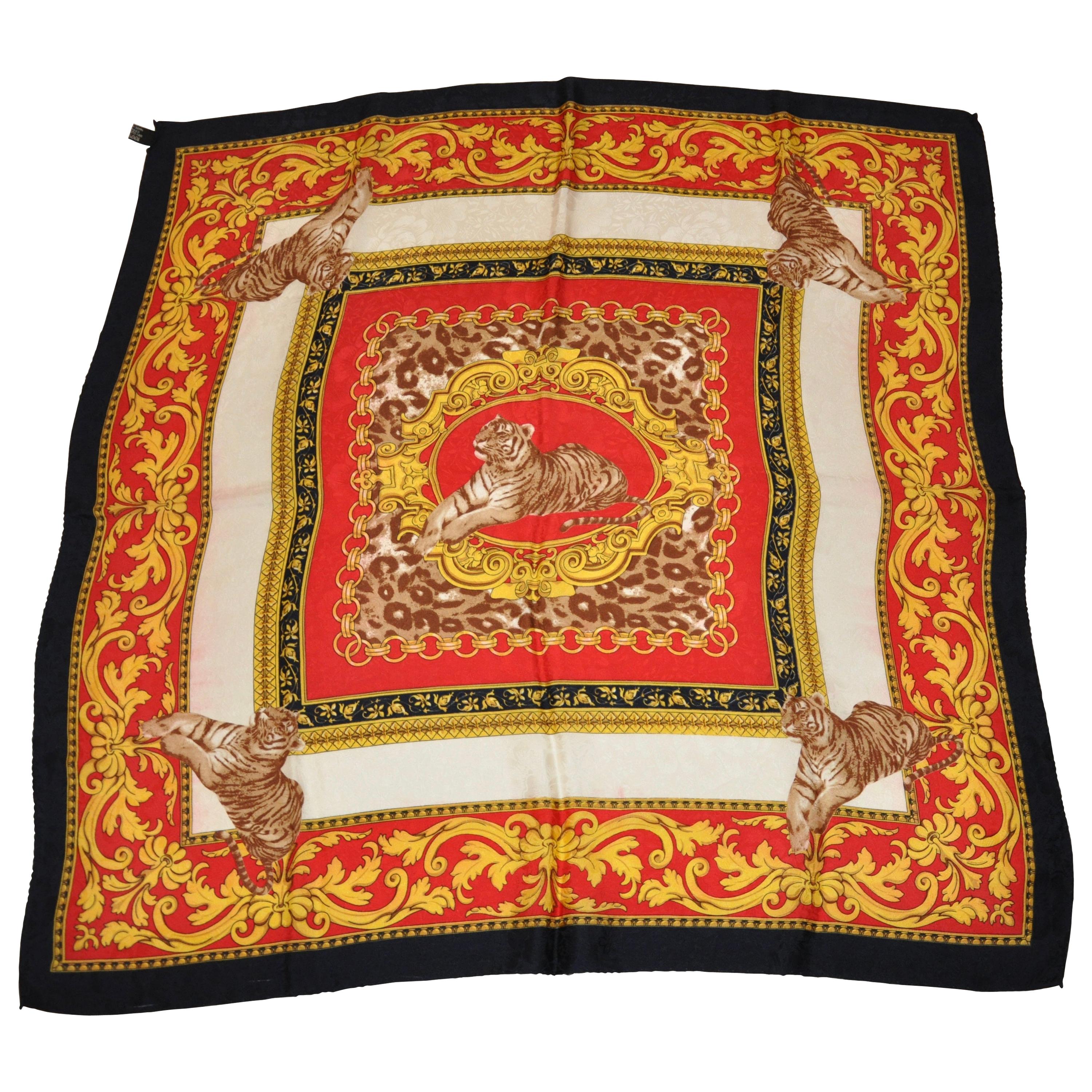 Majestic "Family of Tigers" Multi Color Silk Scarf For Sale