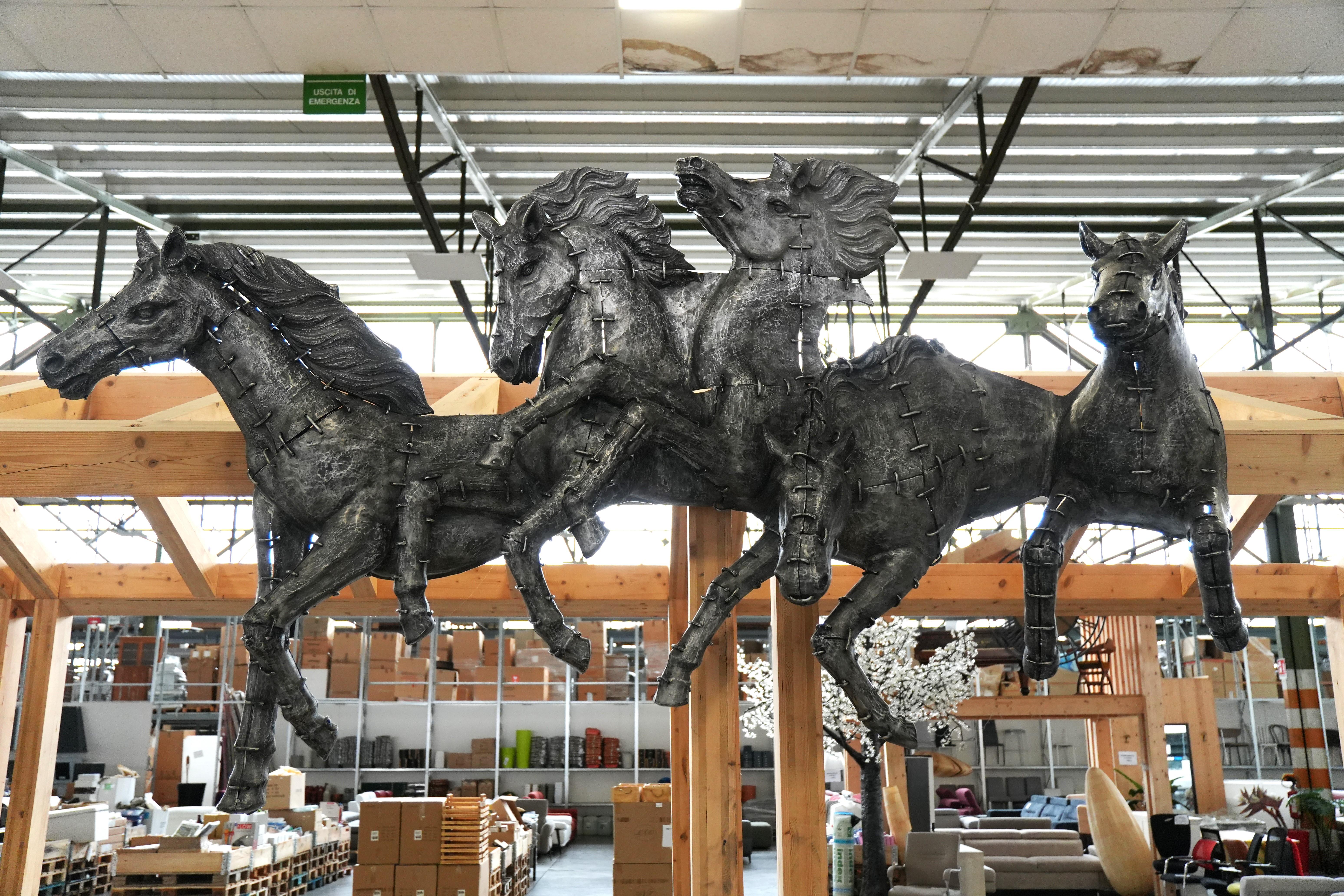 Majestic Galloping Horses Wall Sculpture - Burnished Cast Aluminum Statement Pie For Sale 1
