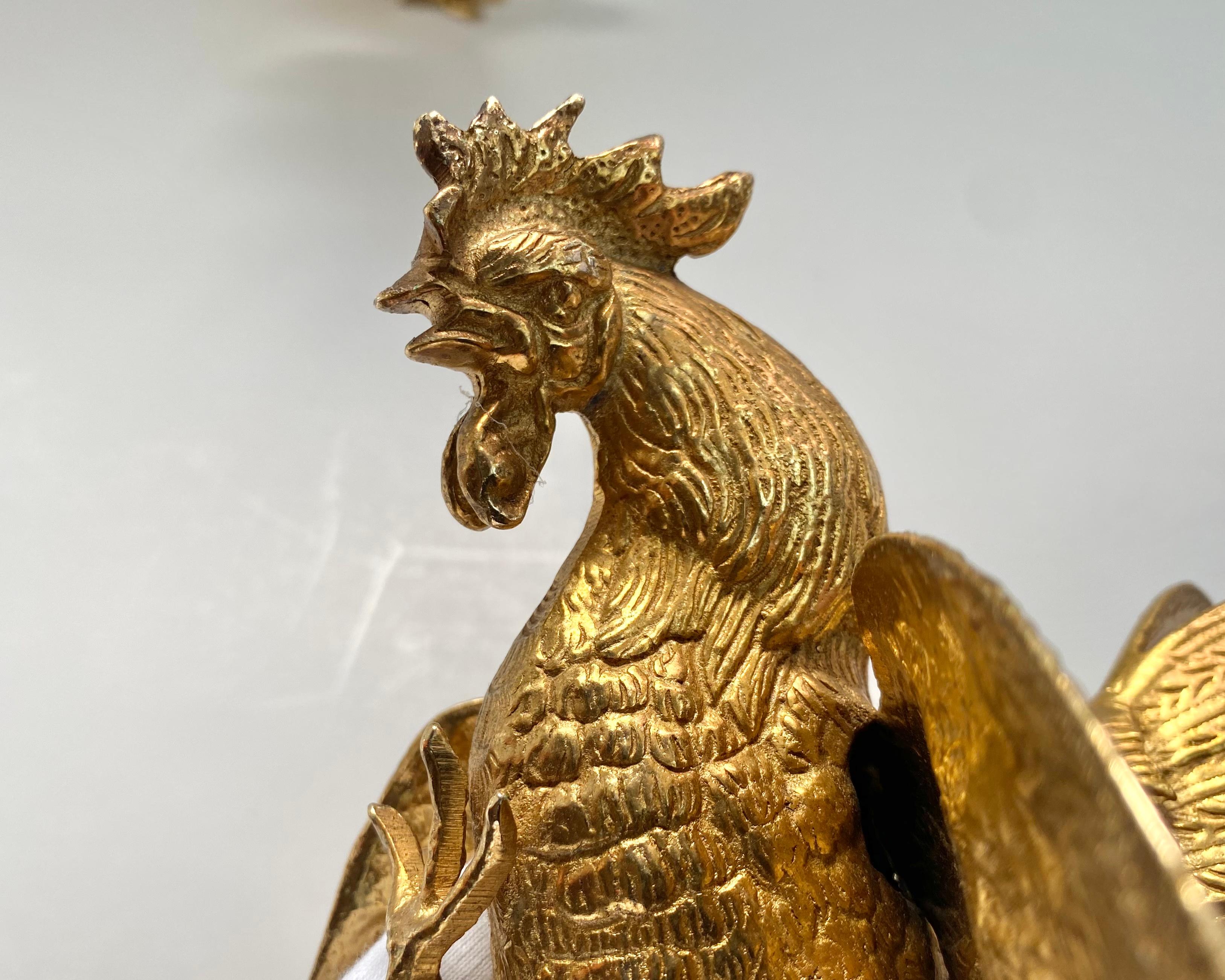 Mid-20th Century Majestic Gilt Brass Rooster Figure, Set 2, France, 1960s