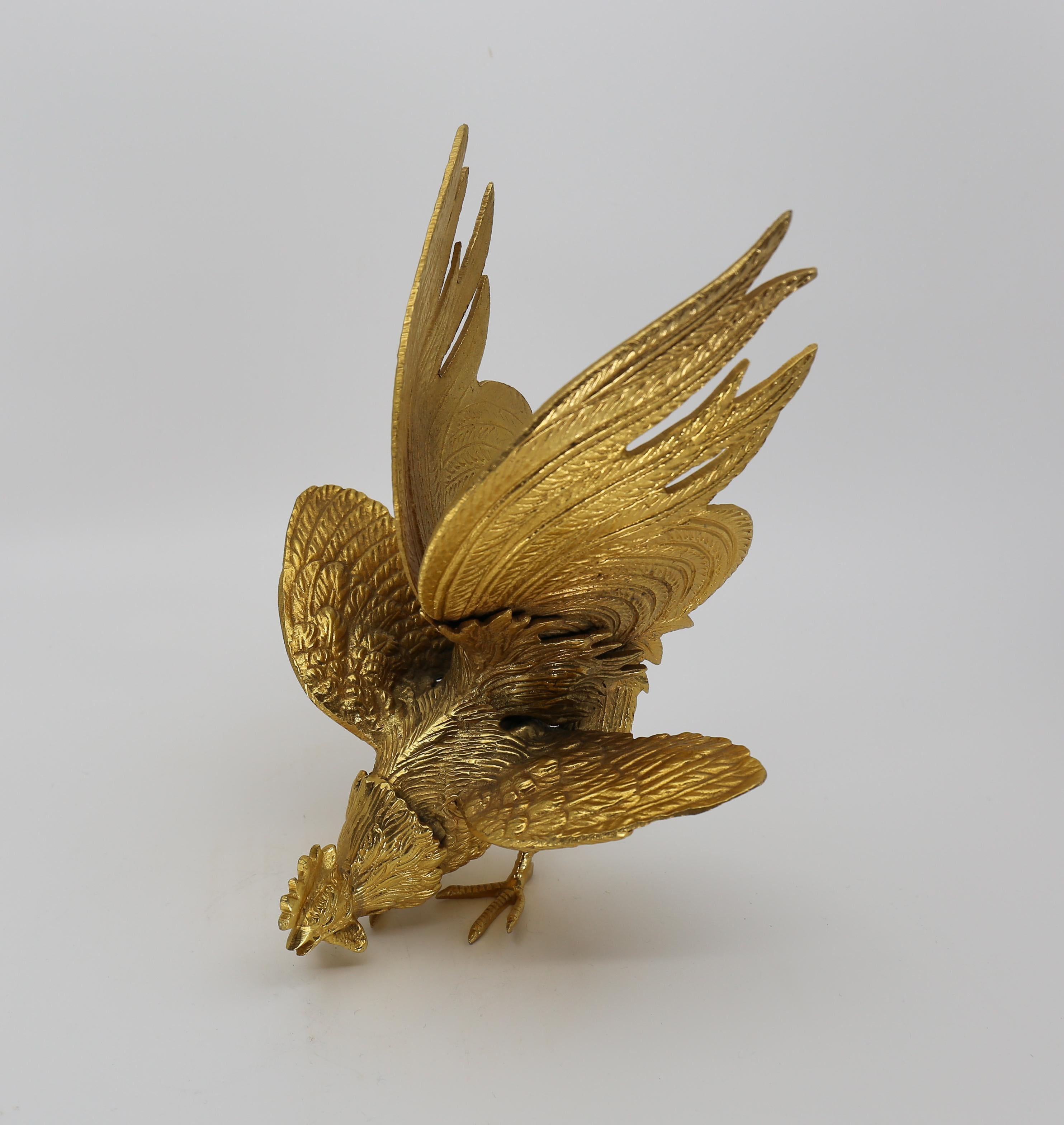 Majestic Gilt Brass Rooster Sculpture Figure, Set 2, France, 1970s For Sale 3