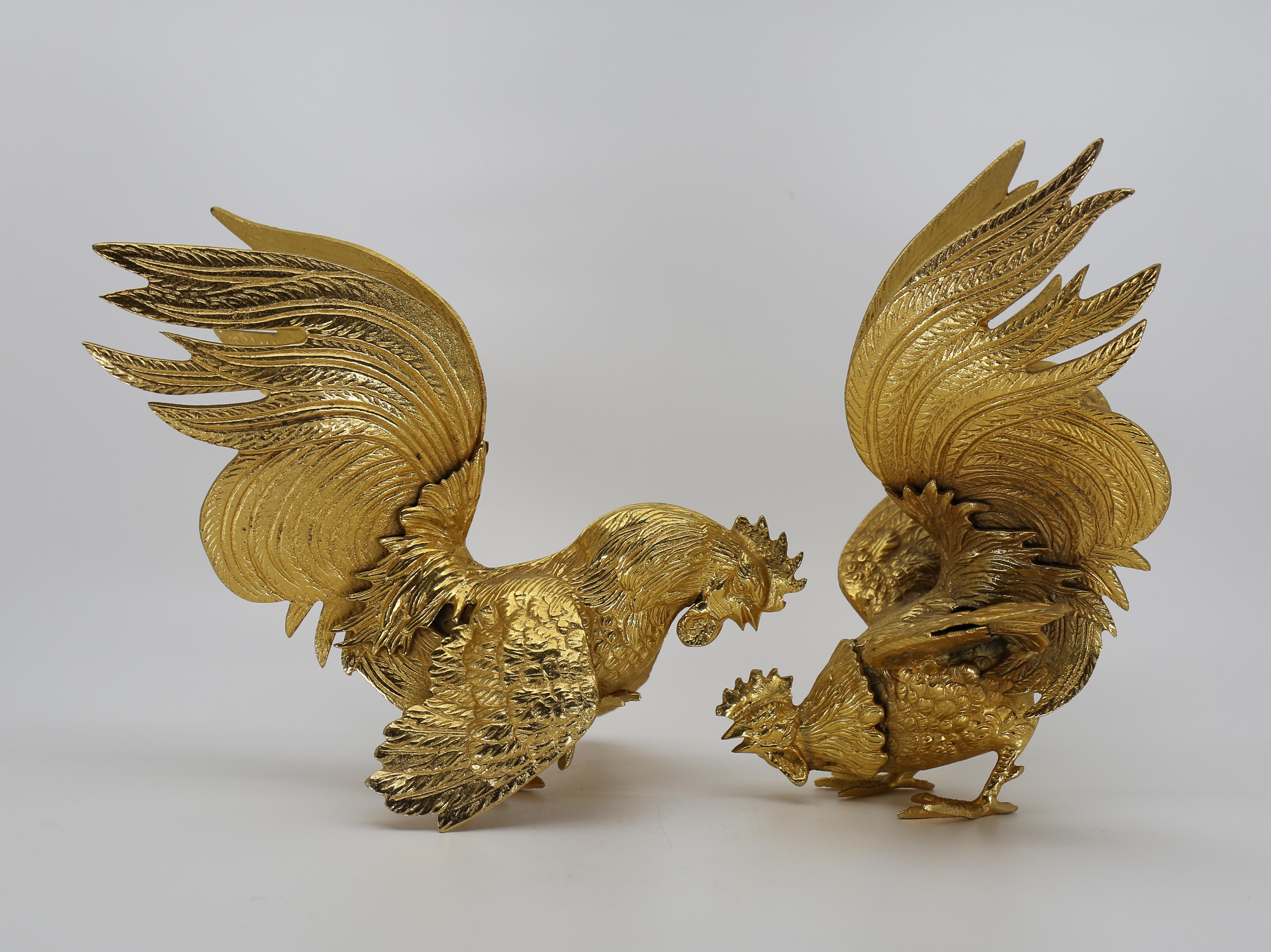 Majestic Gilt Brass Rooster Cock Figurines, Set 2, France, 1960s.  Highly detailed gilded brass rooster figurines.  Vintage figurines have a classic design and are handmade from natural and sustainable material which is resistant to impacts,