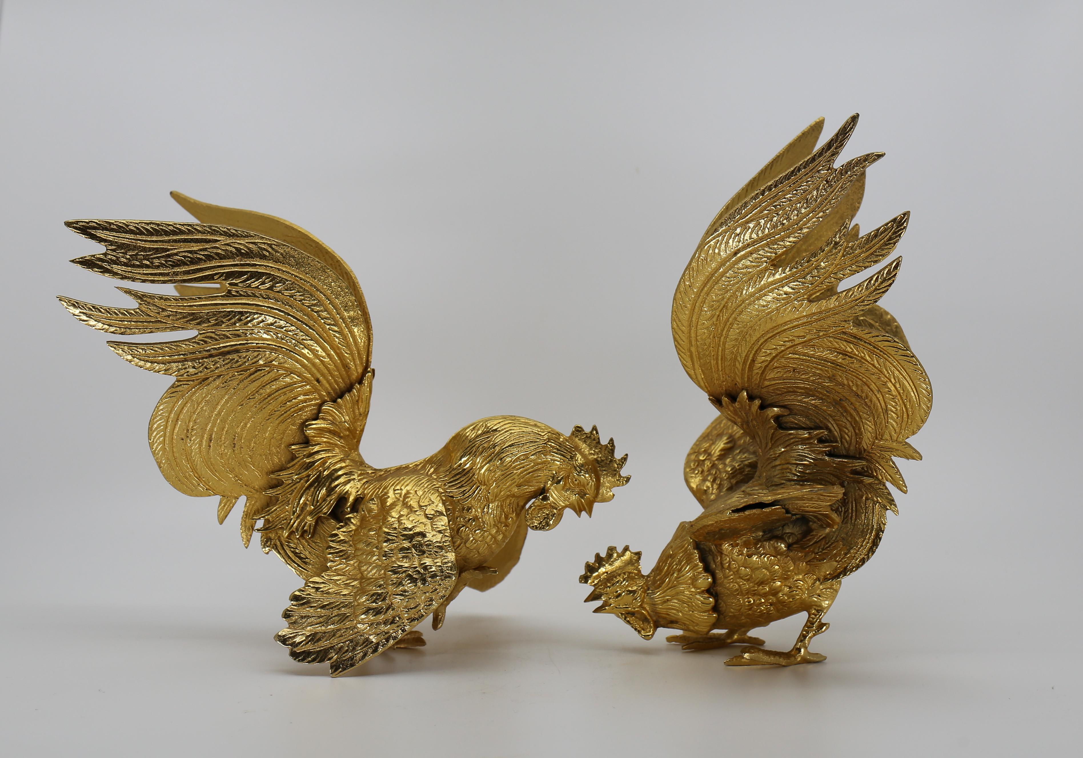 French Majestic Gilt Brass Rooster Sculpture Figure, Set 2, France, 1970s For Sale