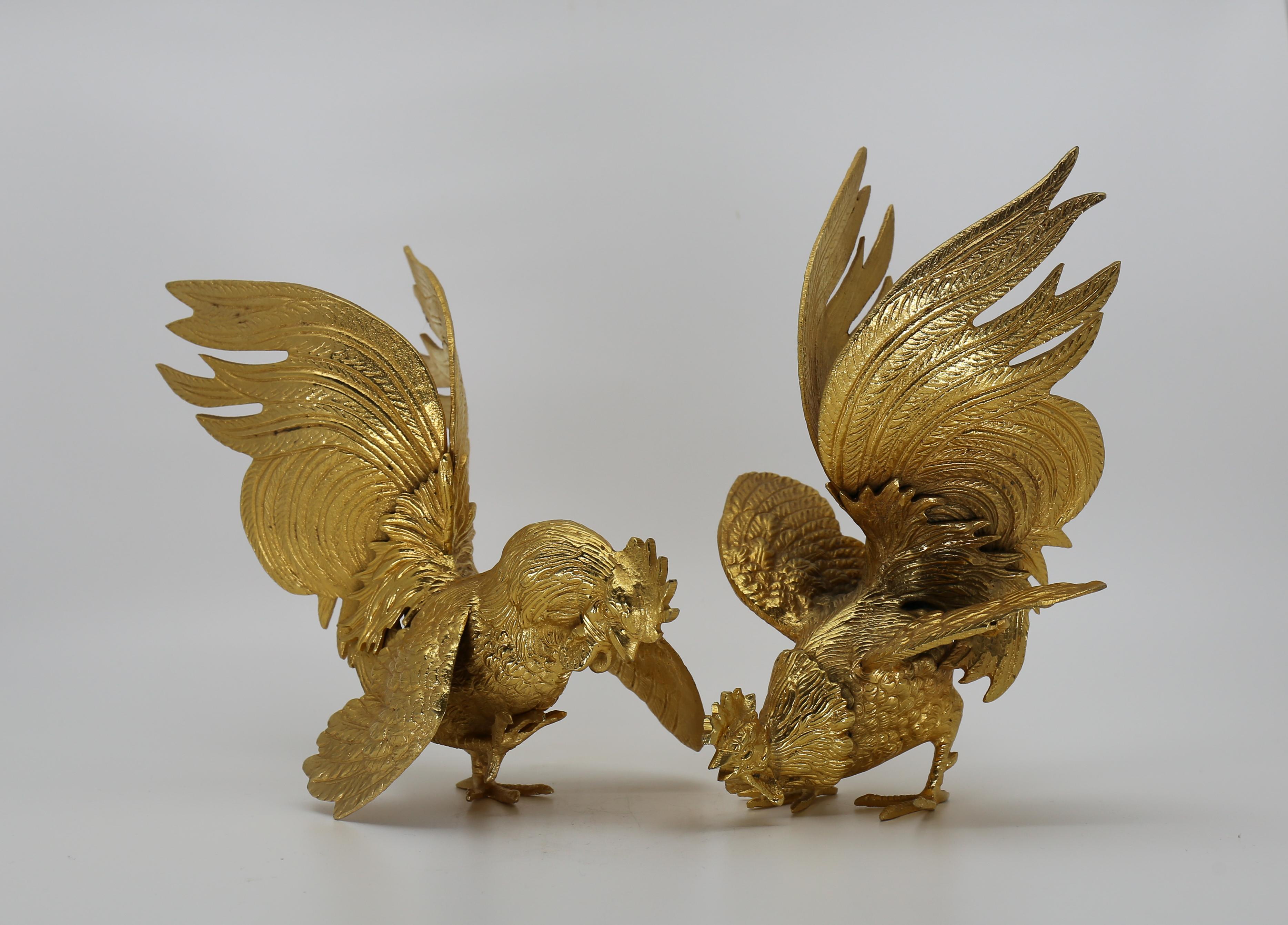 Majestic Gilt Brass Rooster Sculpture Figure, Set 2, France, 1970s In Good Condition For Sale In Antwerp, BE