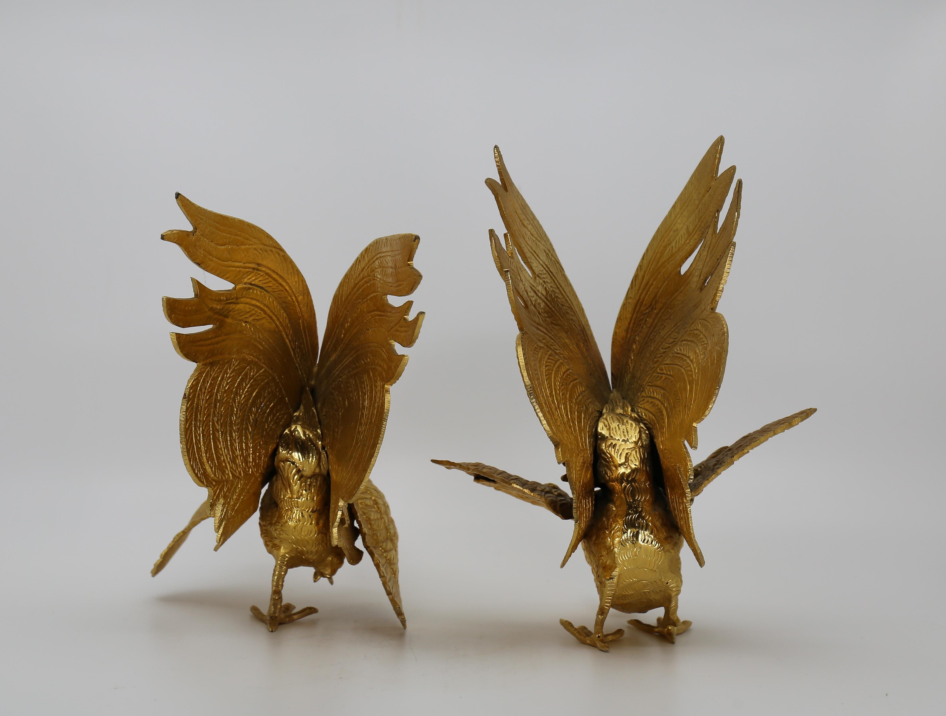20th Century Majestic Gilt Brass Rooster Sculpture Figure, Set 2, France, 1970s For Sale