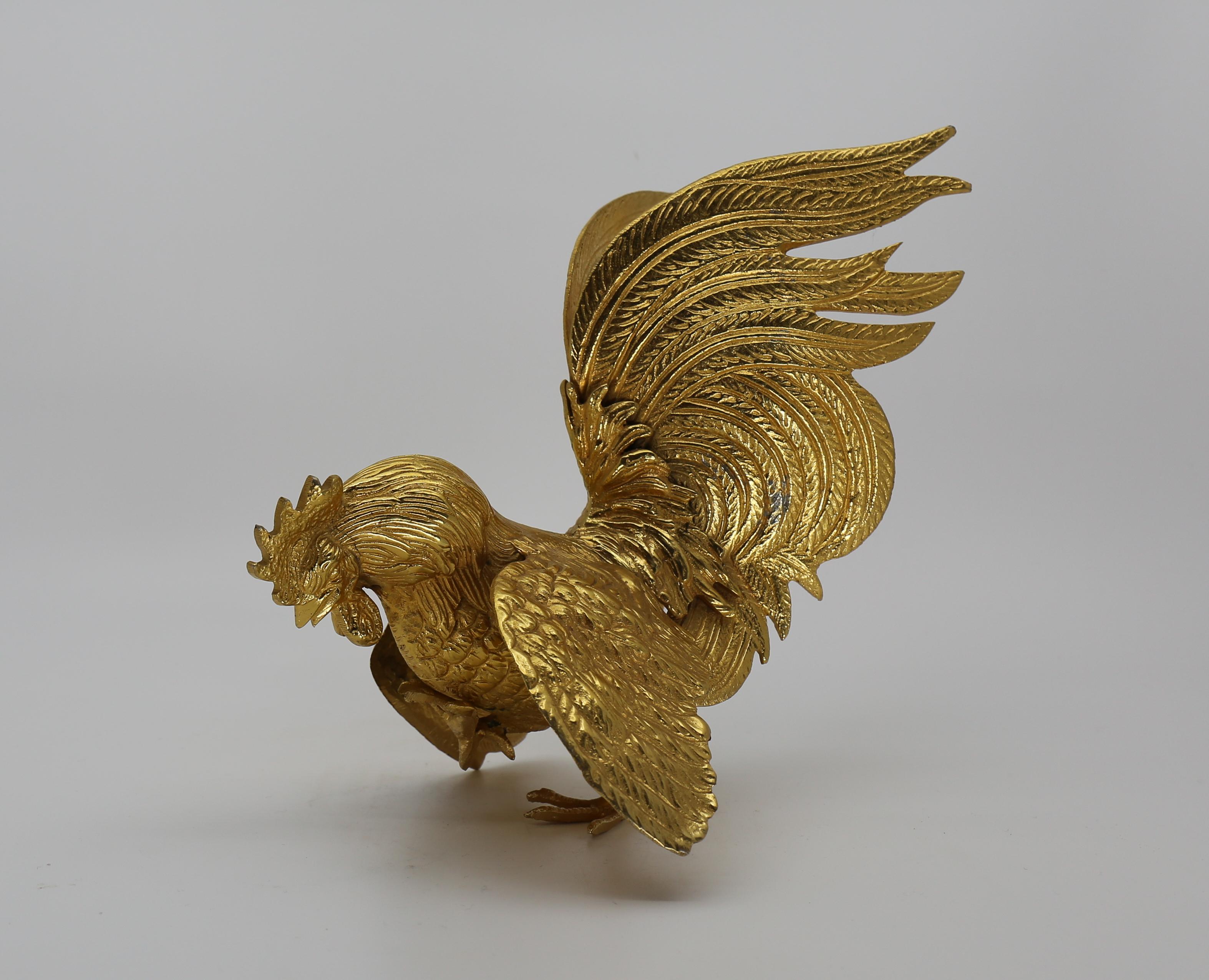 Majestic Gilt Brass Rooster Sculpture Figure, Set 2, France, 1970s For Sale 1