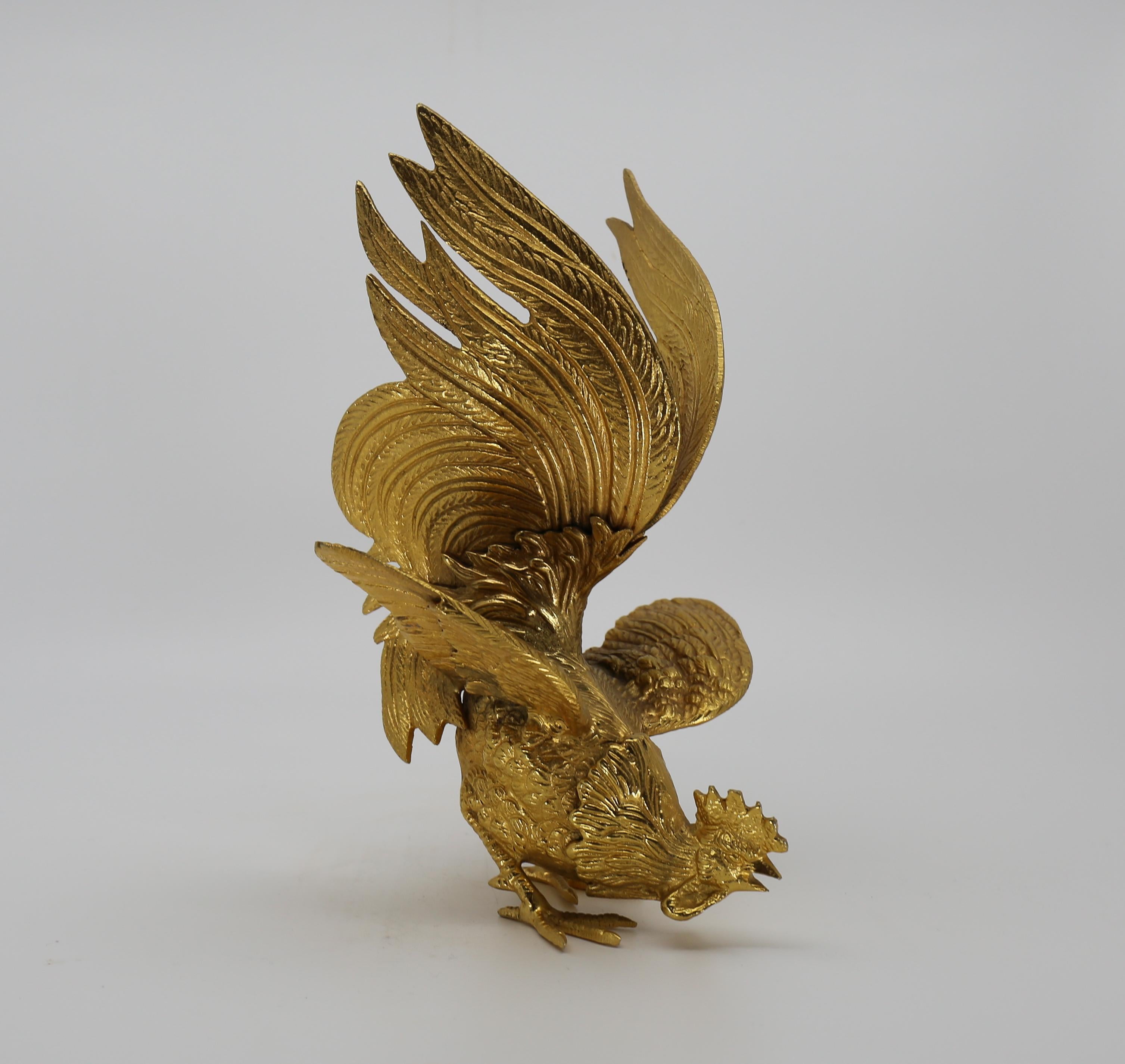 Majestic Gilt Brass Rooster Sculpture Figure, Set 2, France, 1970s For Sale 2