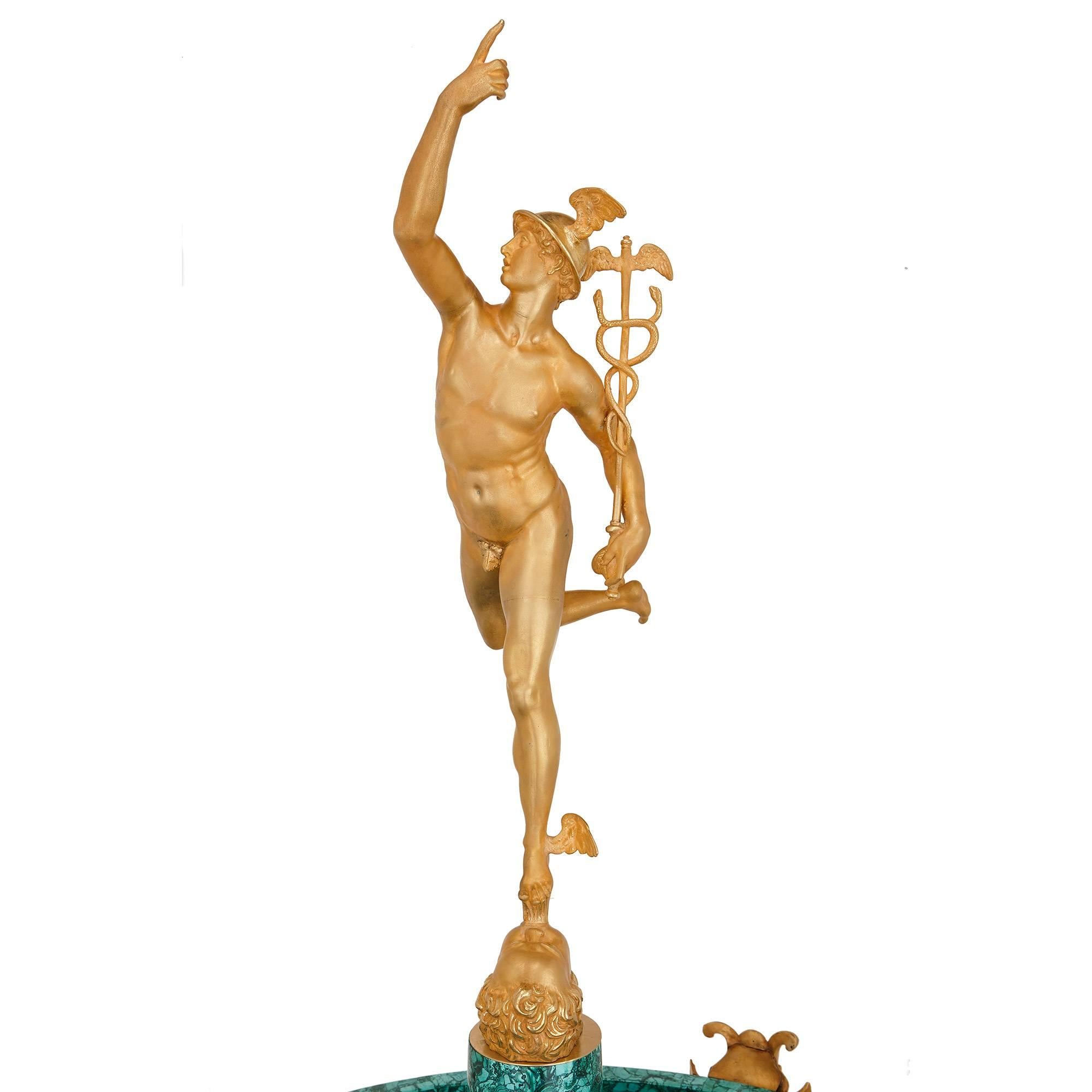 Renaissance Majestic Gilt Bronze and Malachite Fountain, with Figure of Mercury