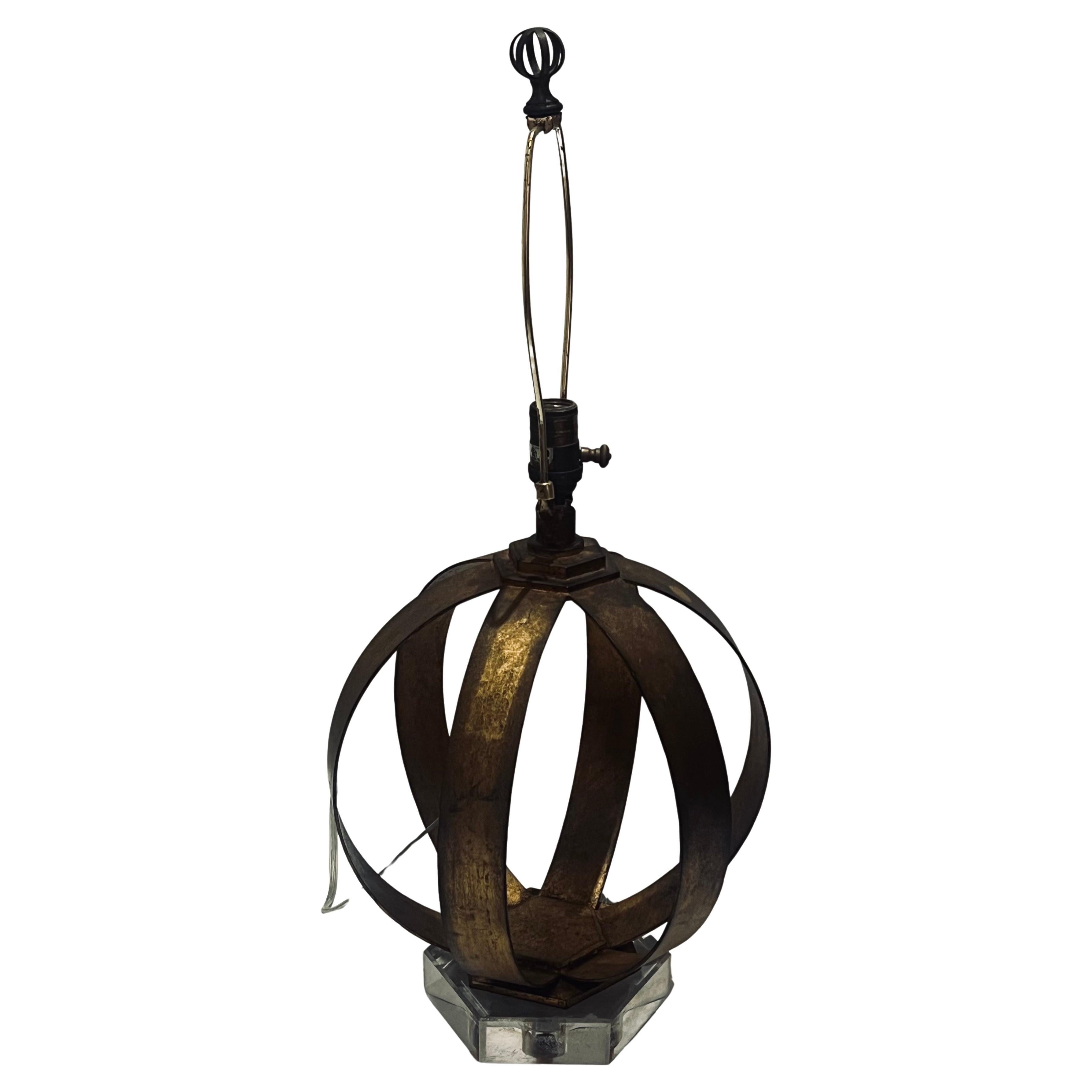 Majestic Gold Gild Metal Sphere Lamp on Thick Lucite Base Neoclassical