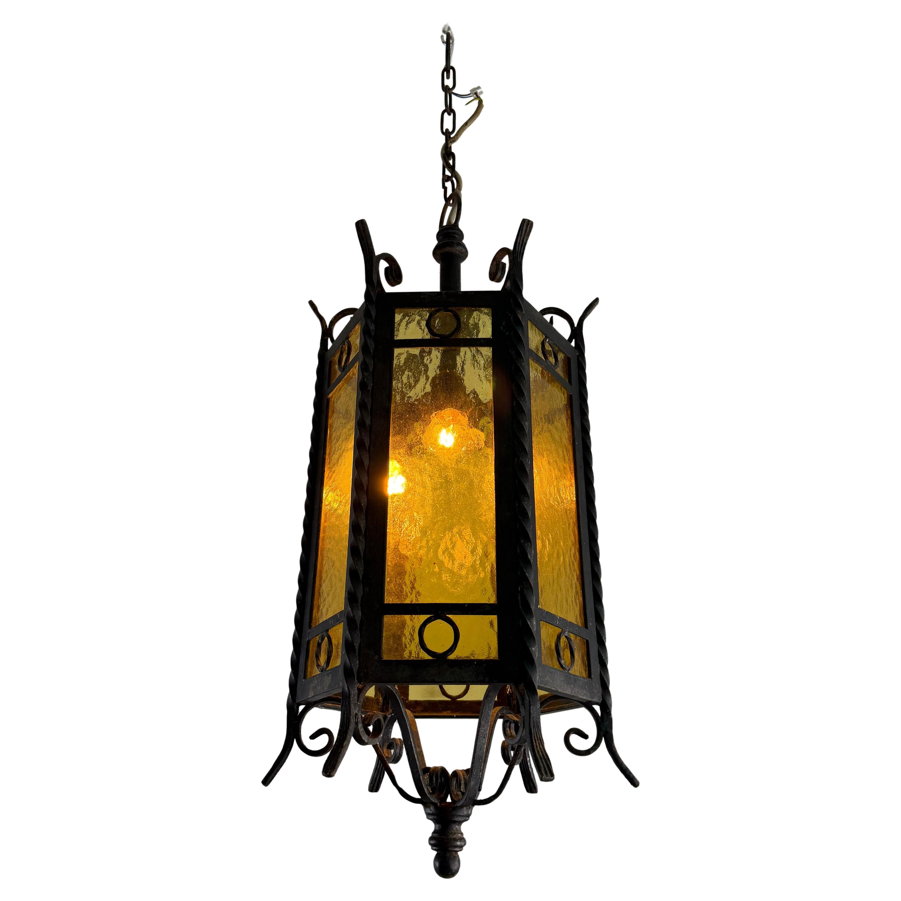 Majestic Gothic-style wrought iron Chandelier/Lantern with yellow glass, 1960s