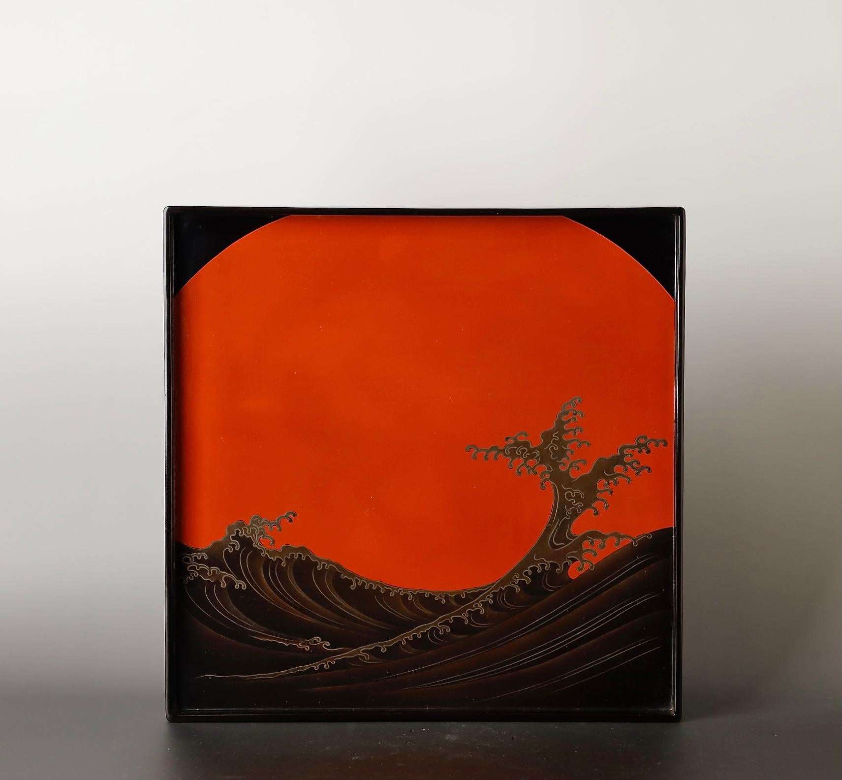 Japanese Majestic Great Wave and Rising Sun Lacquered Tray