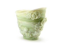 Majestic Green Onyx Sculpture Vase Subjects Roses Leaves Hand Carved in Italy