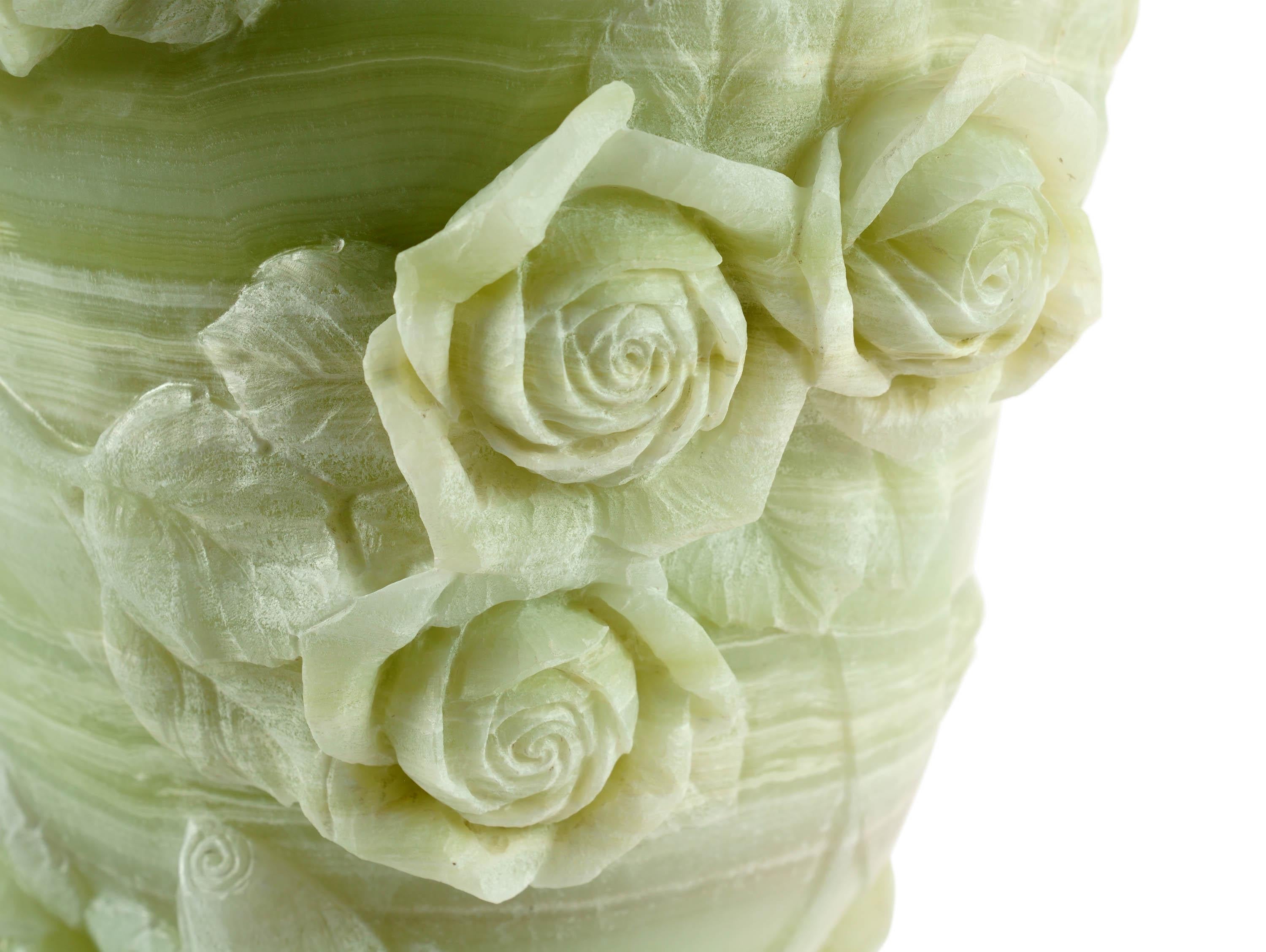 Modern Majestic Green Onyx Sculpture Vase Subjects Roses Leaves Hand Carved in Italy For Sale