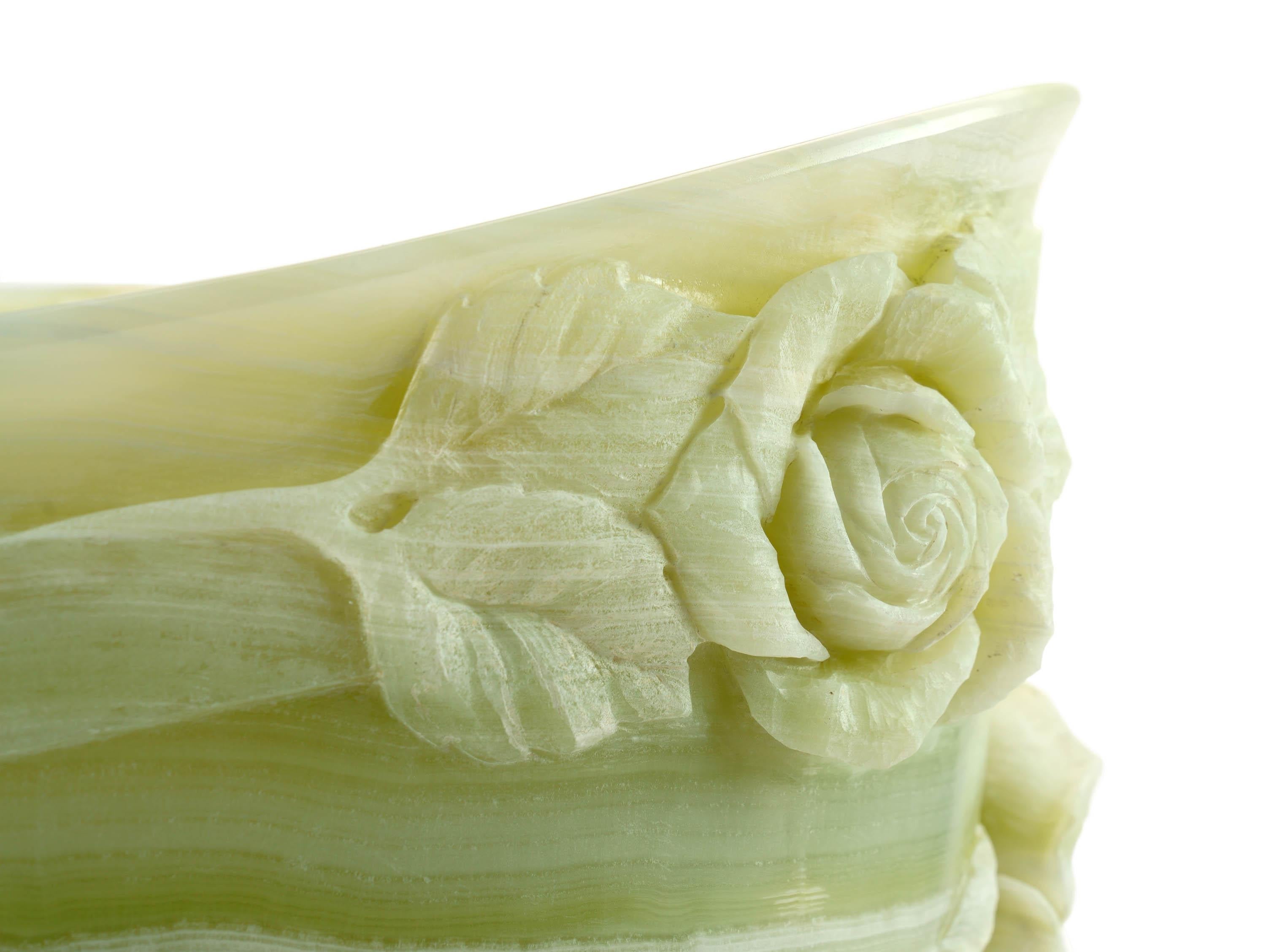 Hand-Carved Majestic Green Onyx Sculpture Vase Subjects Roses Leaves Hand Carved in Italy For Sale