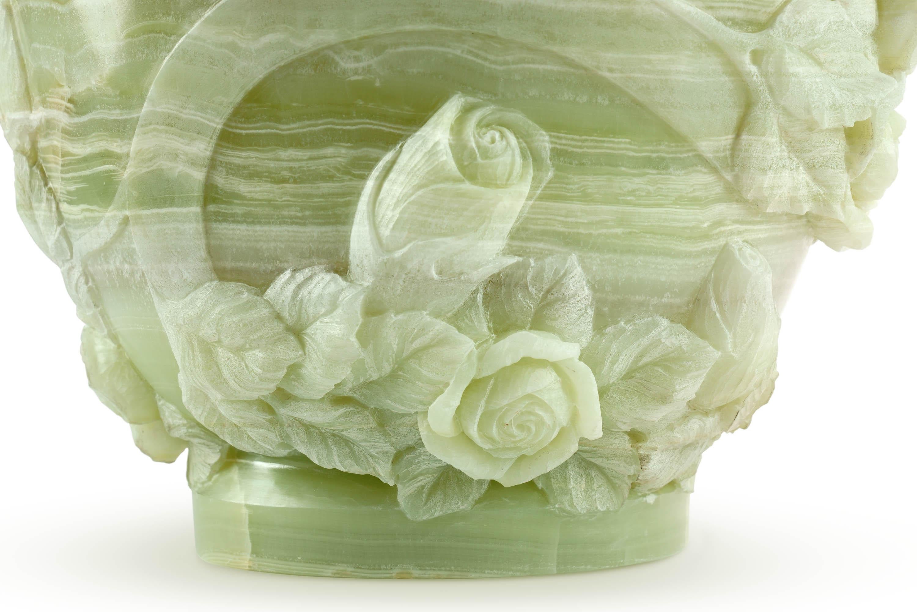 Contemporary Majestic Green Onyx Sculpture Vase Subjects Roses Leaves Hand Carved in Italy For Sale