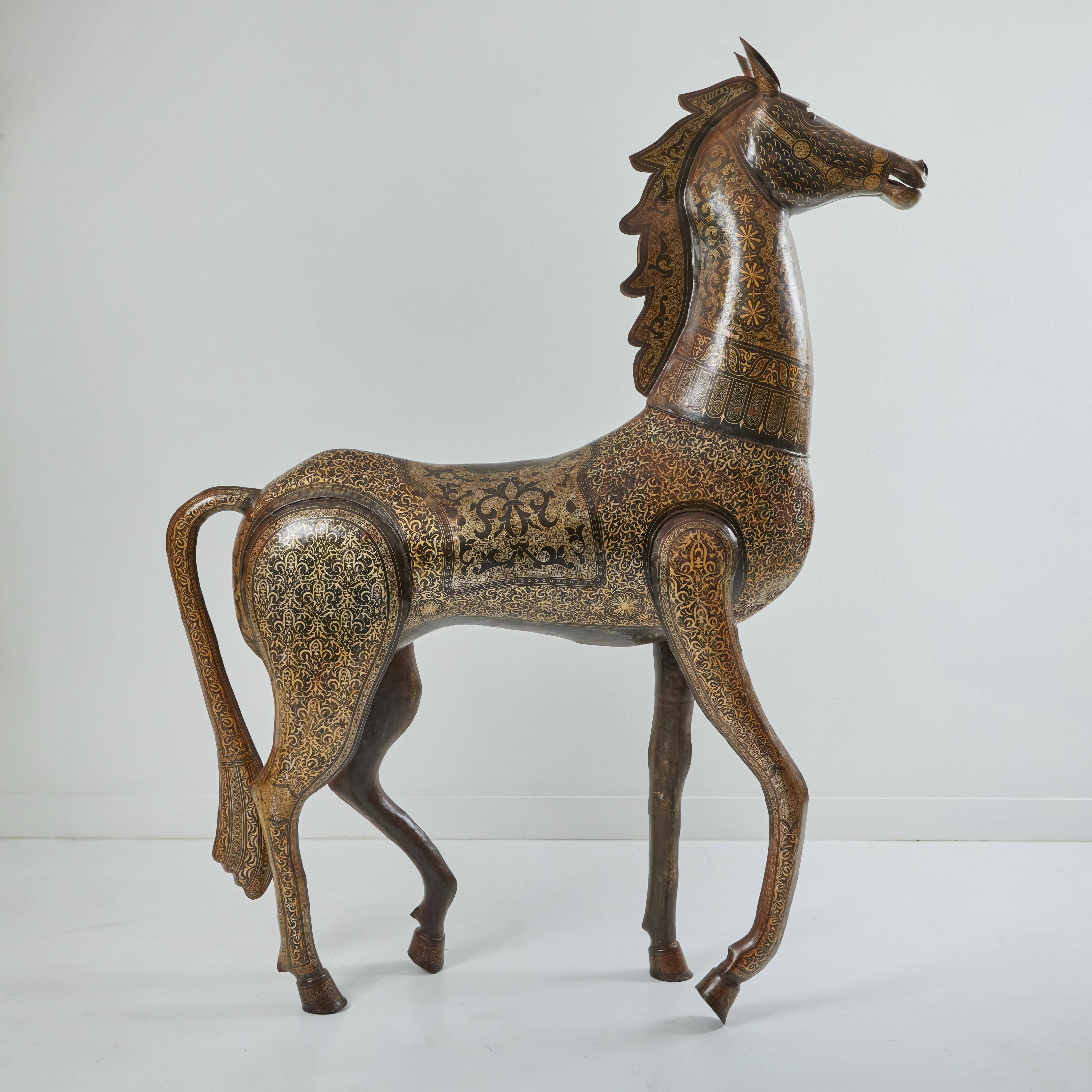Appliqué Majestic Hand Embellished Metal Horse Sculpture For Sale
