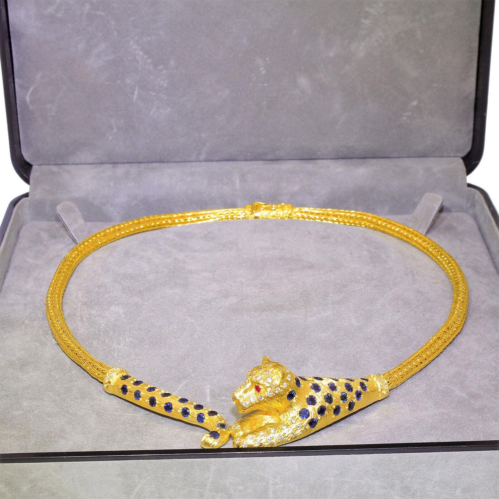Majestic High Quality 18k Gold Diamond Sapphire Leopard Panther Cat Necklace 82G 2