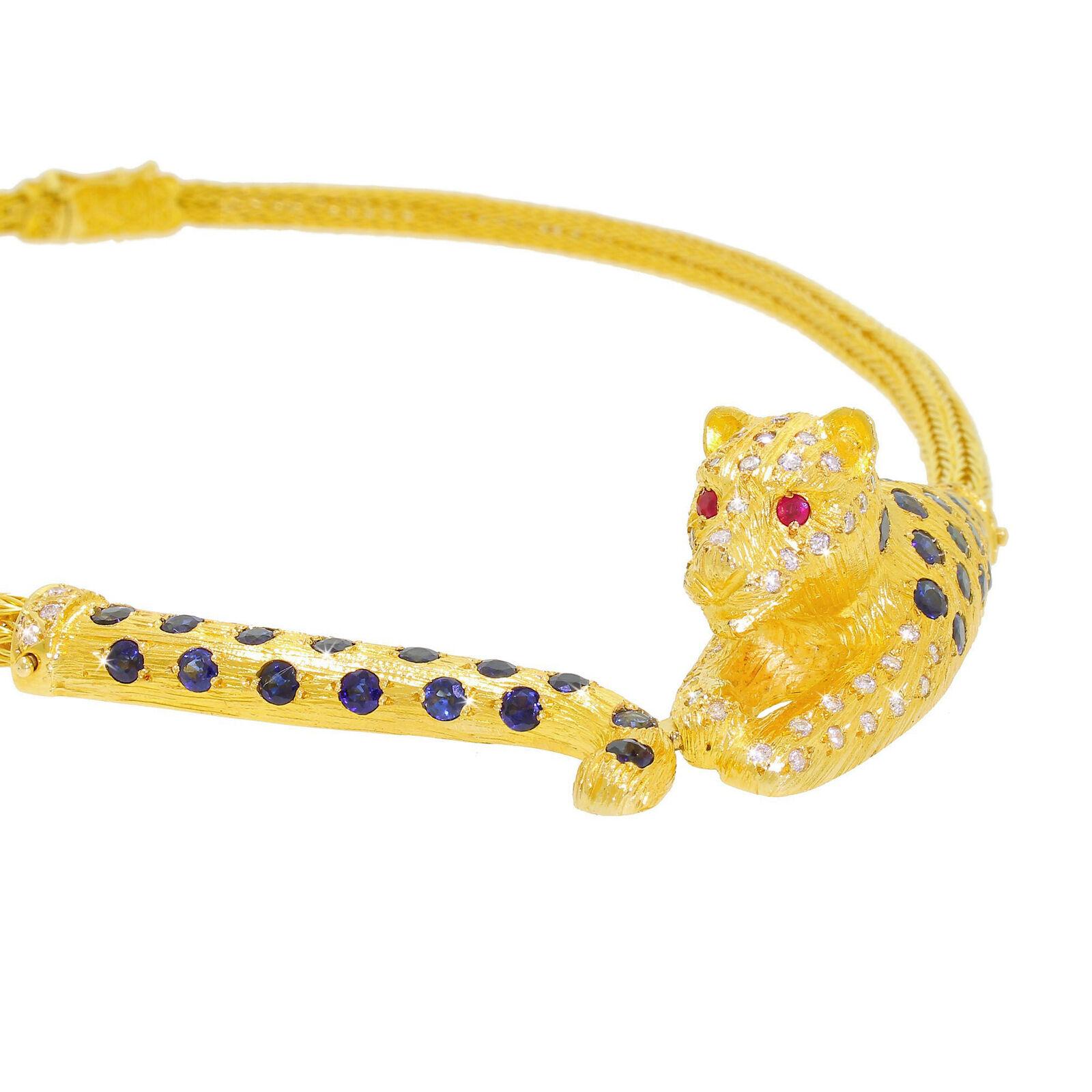 Contemporary Majestic High Quality 18k Gold Diamond Sapphire Leopard Panther Cat Necklace 82G