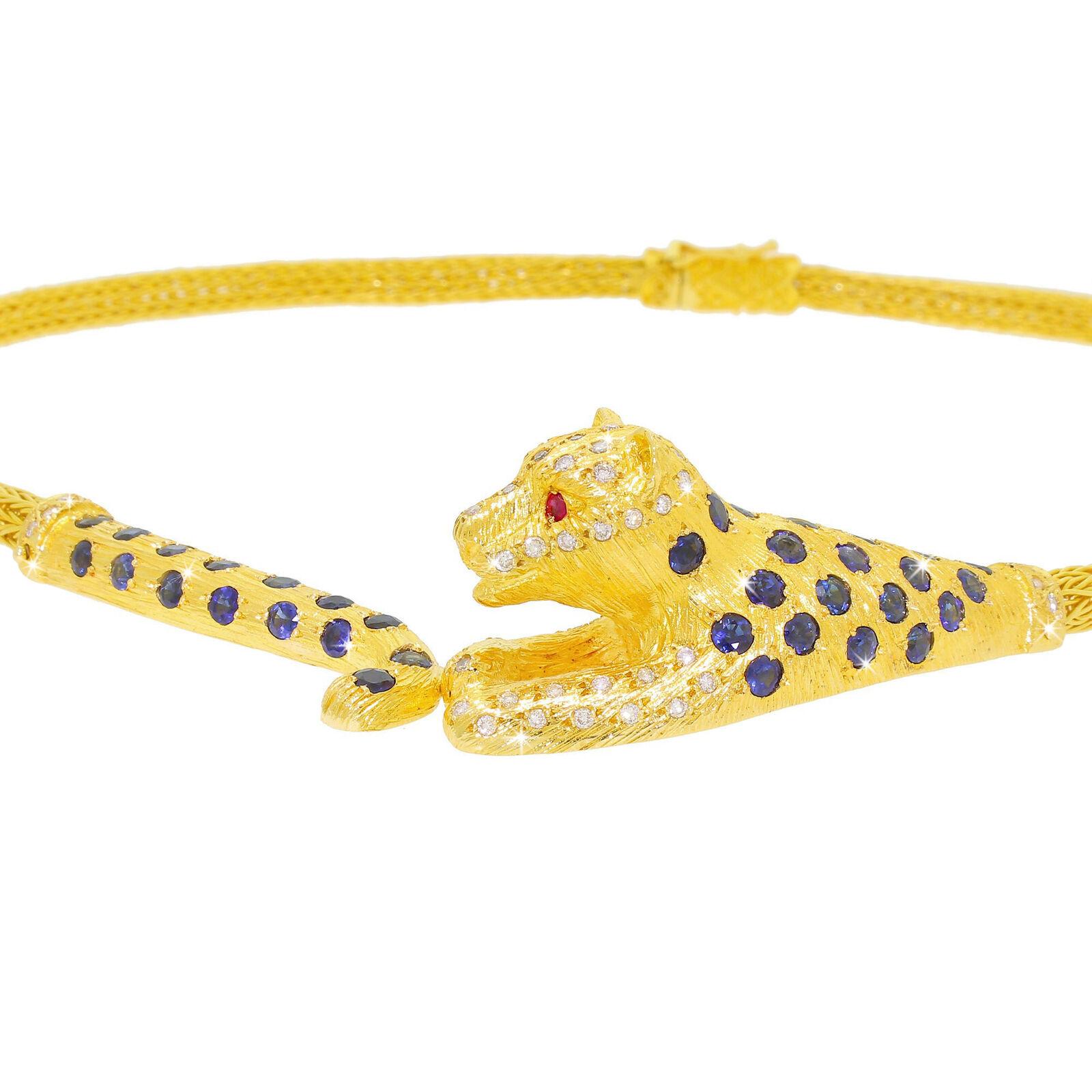 Round Cut Majestic High Quality 18k Gold Diamond Sapphire Leopard Panther Cat Necklace 82G