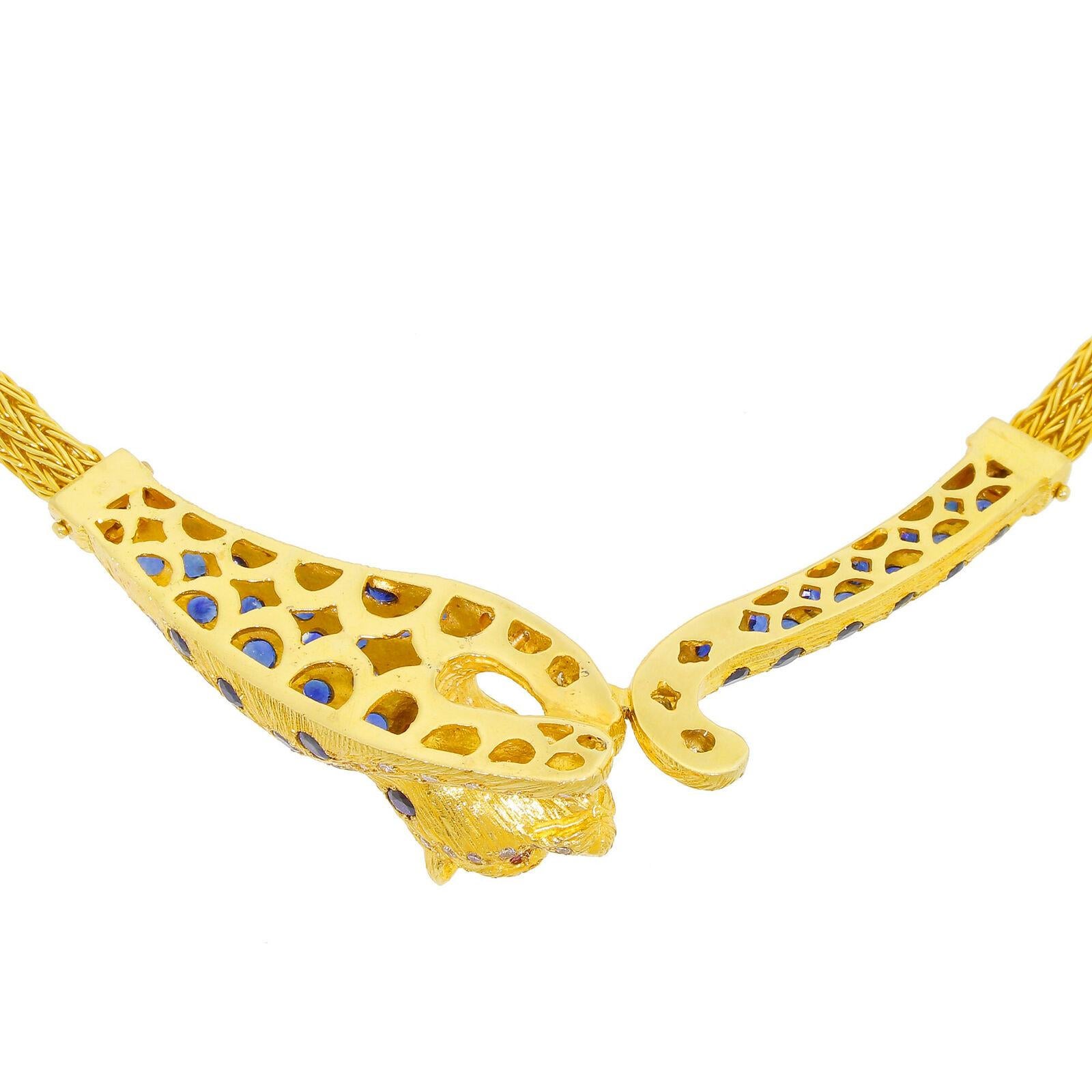 Majestic High Quality 18k Gold Diamond Sapphire Leopard Panther Cat Necklace 82G In Excellent Condition In Lauderdale by the Sea, FL
