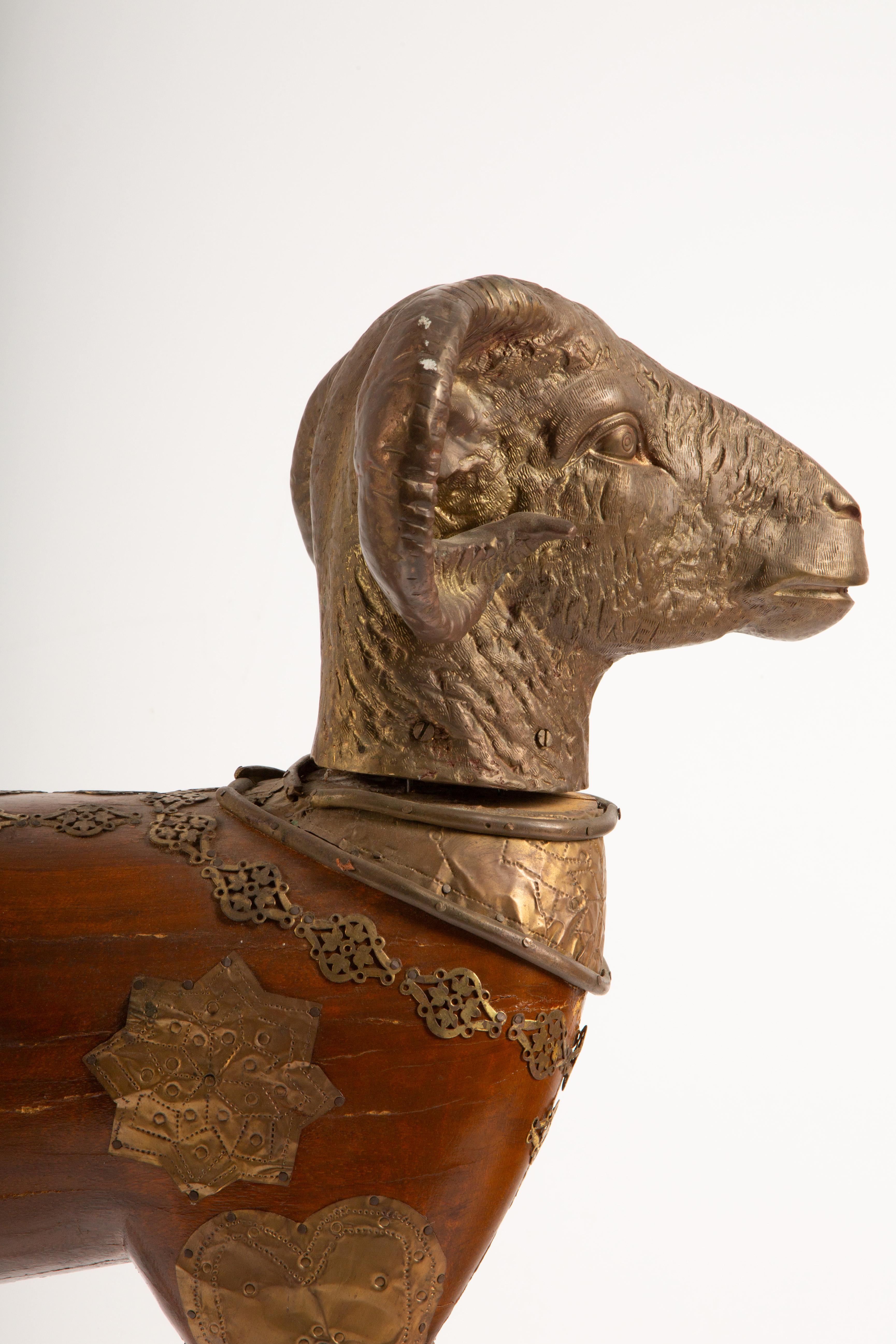 Majestic Indian Brass-Mounted Wooden Ram Sculpture In Good Condition For Sale In New York, NY