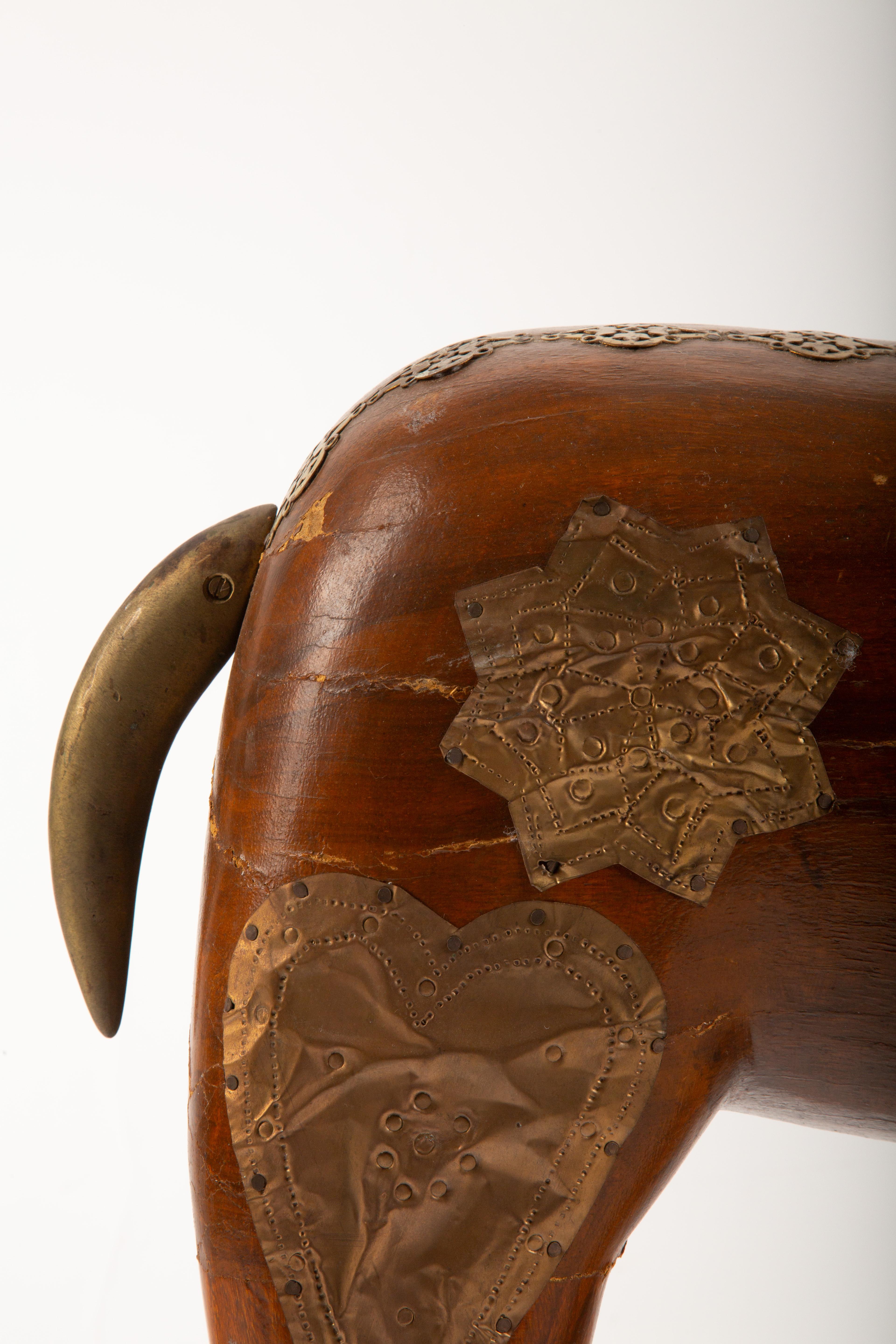 20th Century Majestic Indian Brass-Mounted Wooden Ram Sculpture For Sale