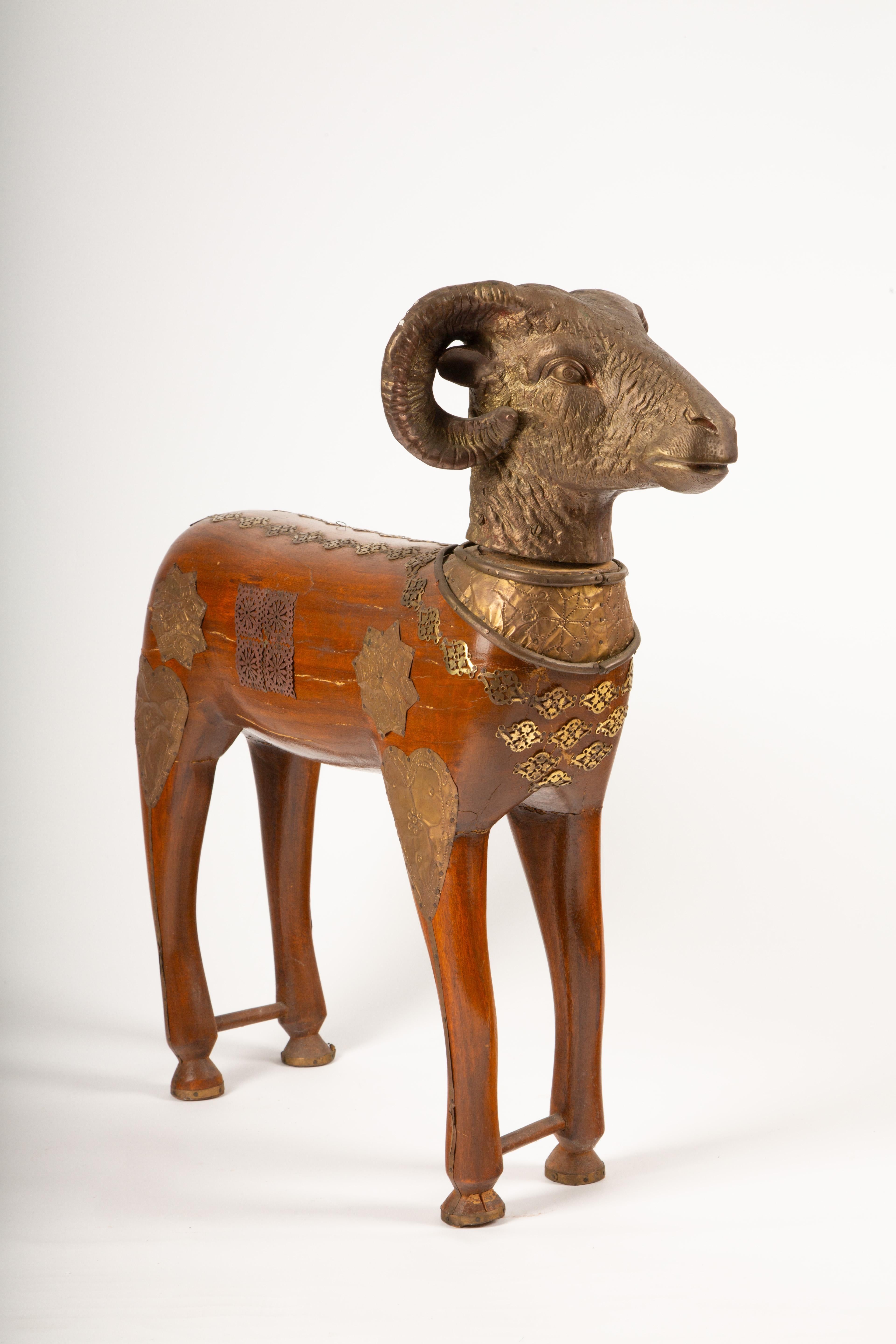 Majestic Indian Brass-Mounted Wooden Ram Sculpture For Sale 1