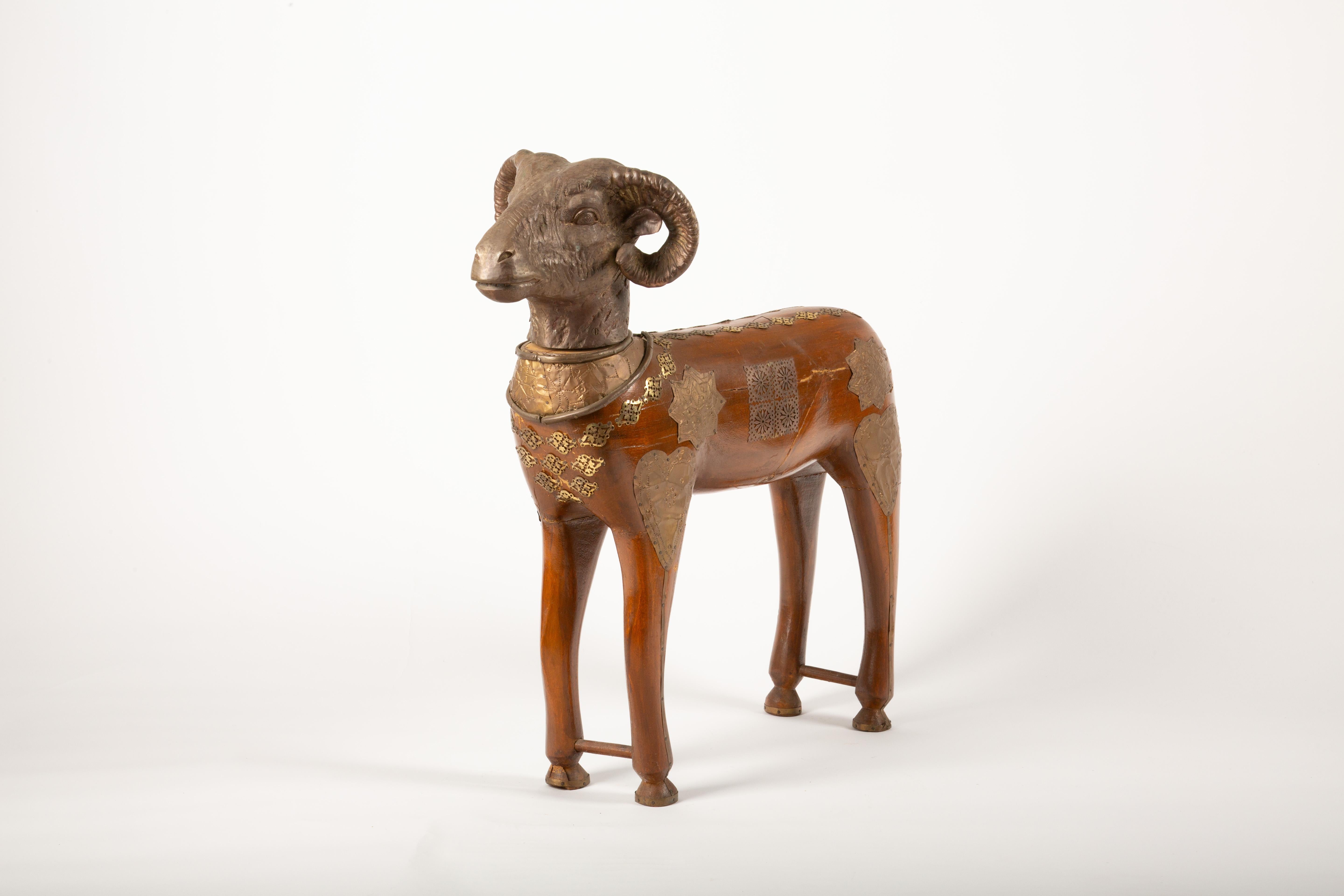 Majestic Indian Brass-Mounted Wooden Ram Sculpture For Sale 2