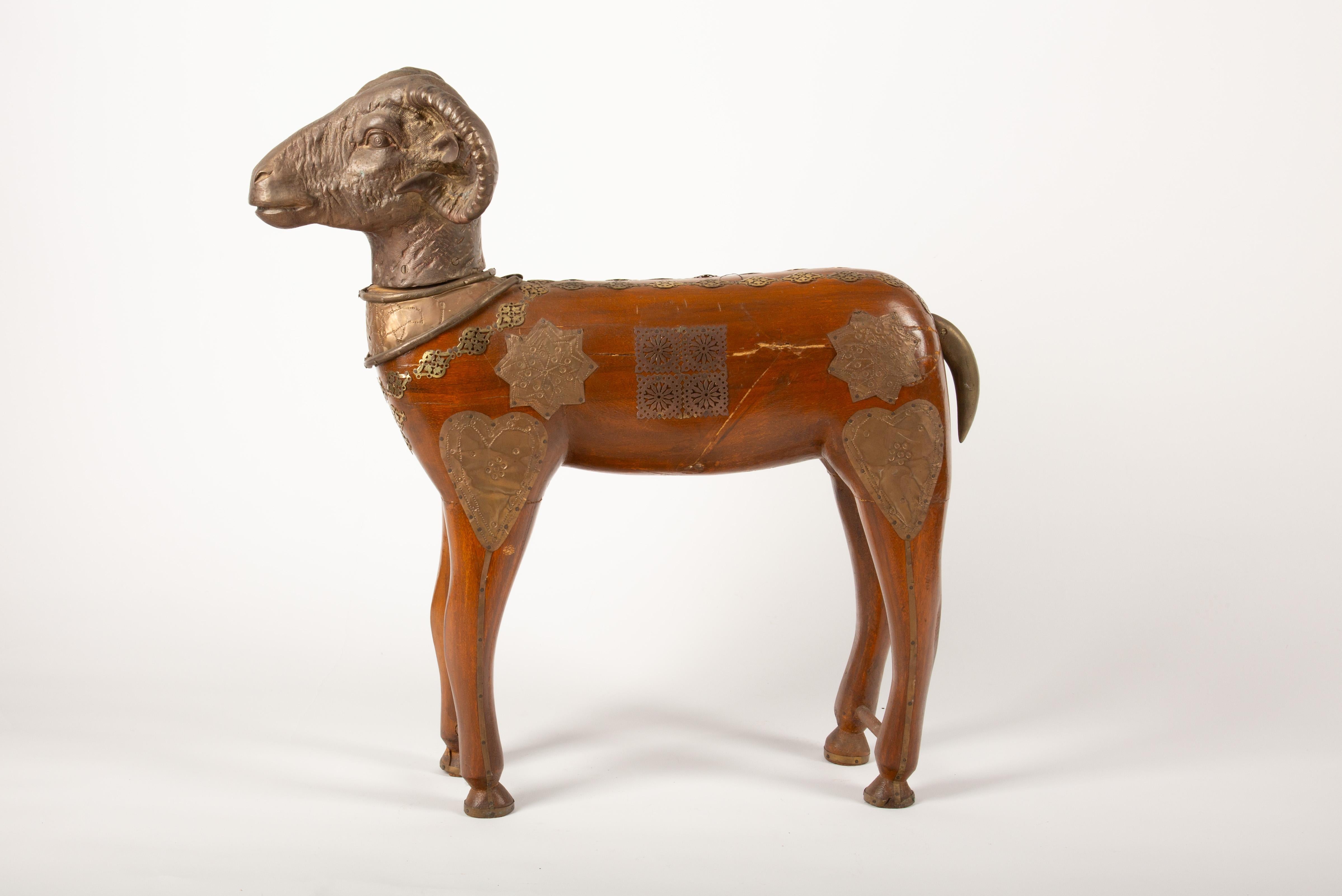 Majestic Indian Brass-Mounted Wooden Ram Sculpture For Sale 3