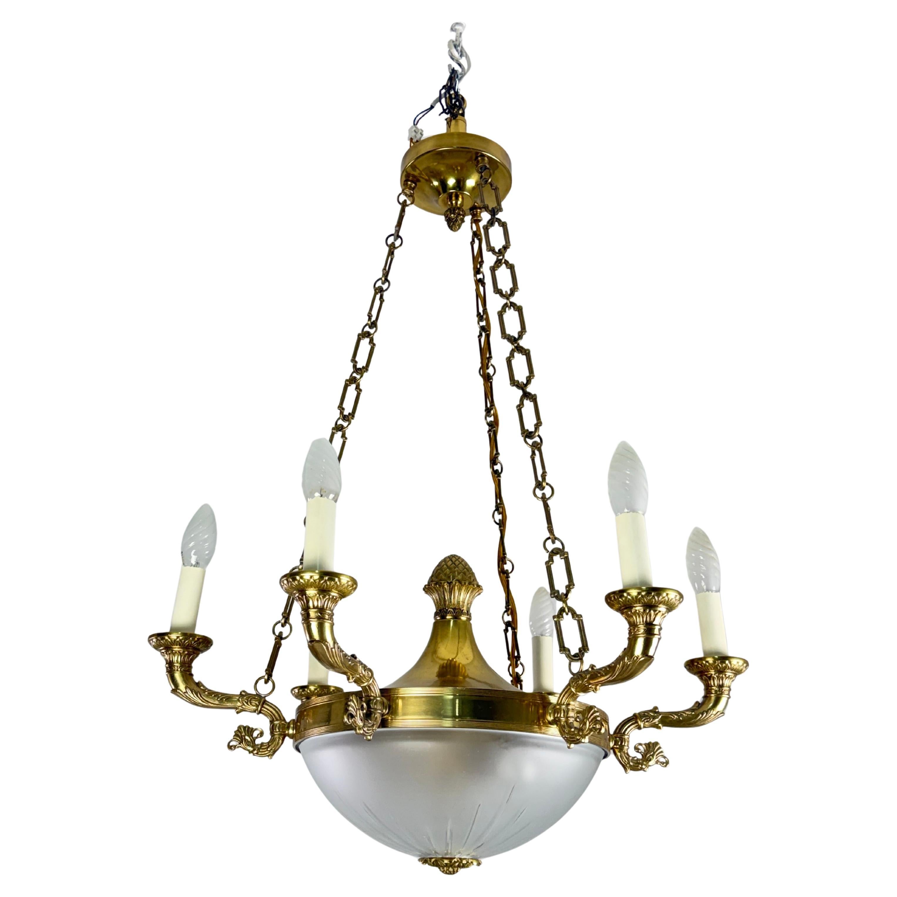 Majestic Italian 8-Light, 6-Arm Brass and Glass Chandelier, 1960s
