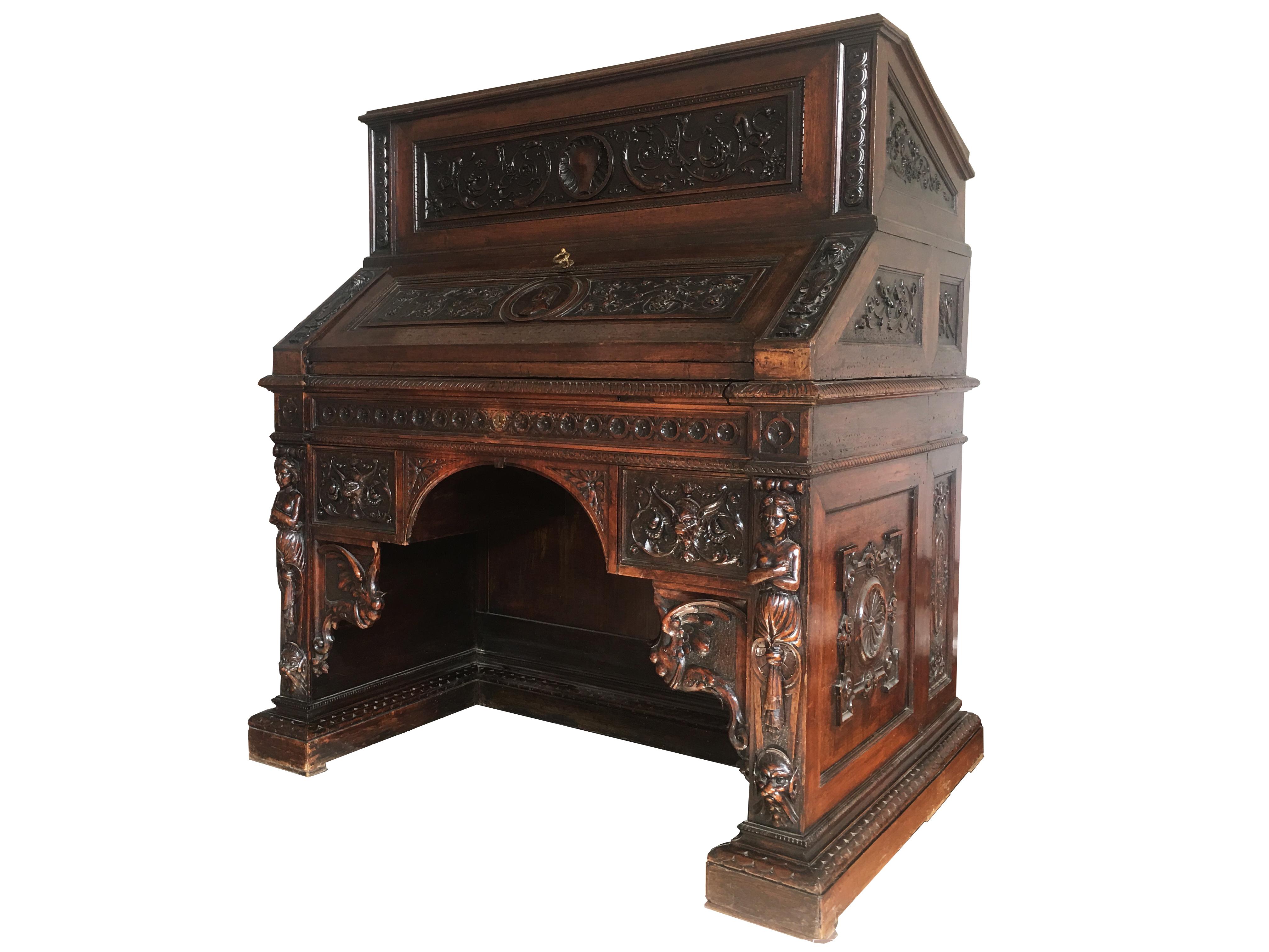 Piece of extreme beauty. It belonged to a famous scholar of Dante Alighieri. On one side desk, above the lectern, behind wardrobe with two pullers. 
Very fine inlays in almost all surfaces of the furniture.