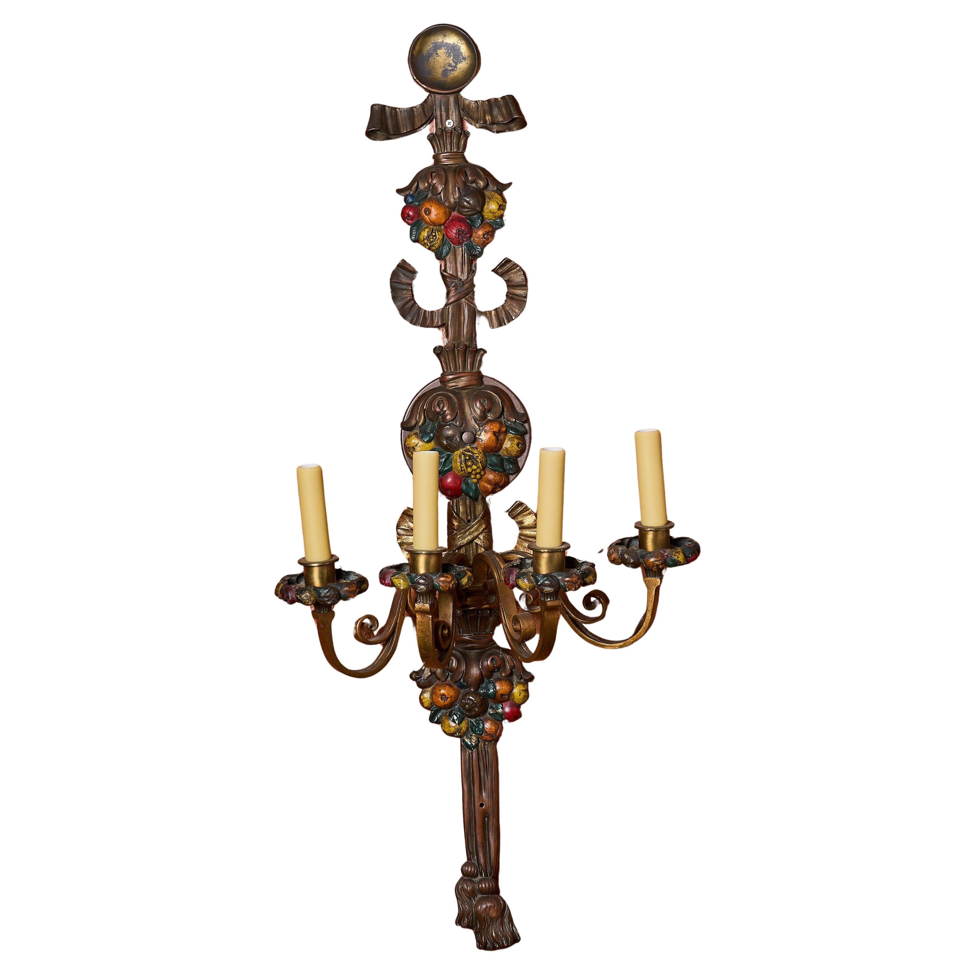 Majestic Italian Hand Painted Cast Bronze Sconce For Sale