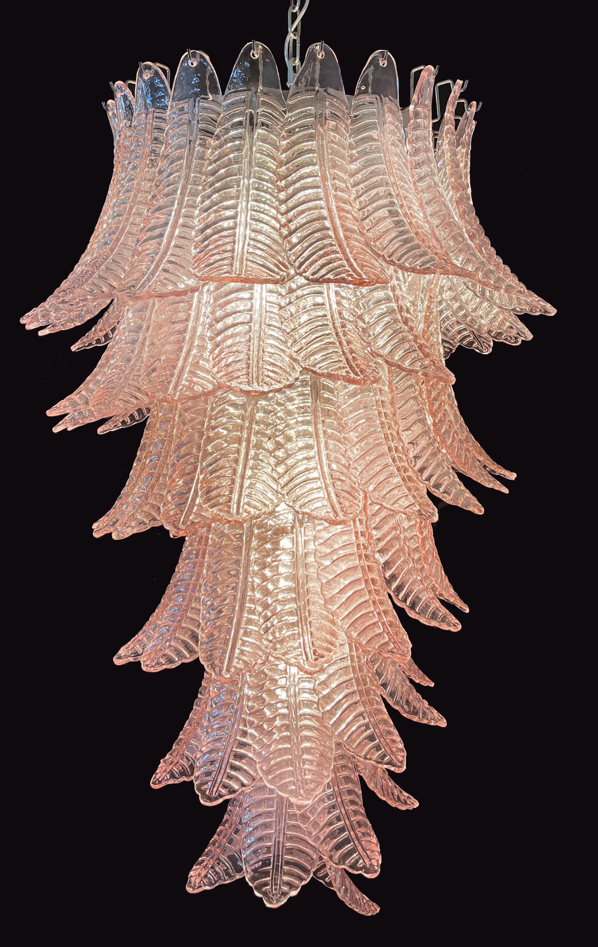 Galvanized Majestic Italian Murano Felci Glass spiral chandelier - 83 pink glasses For Sale