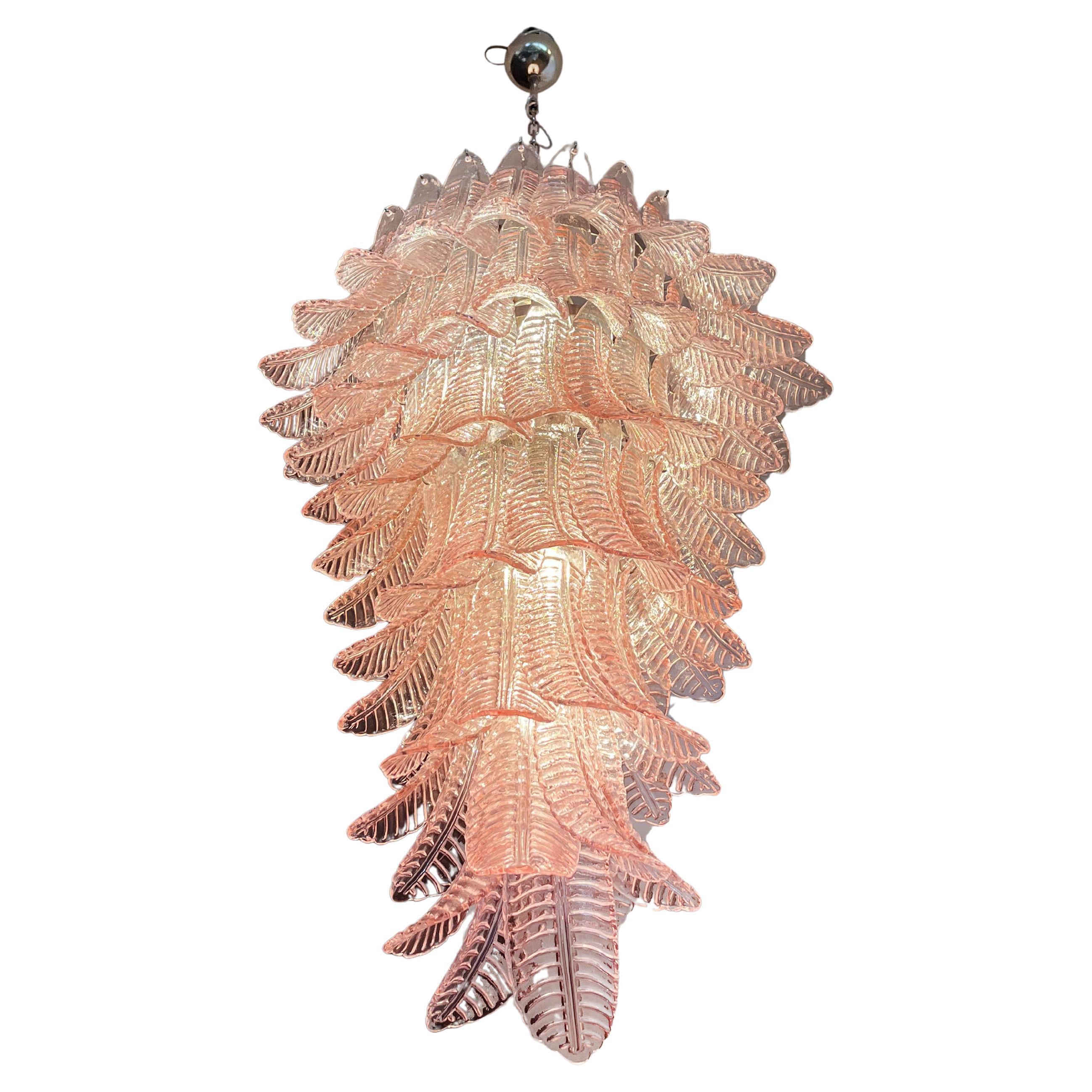 Mid-Century Modern Majestic Italian Murano Felci Glass spiral chandeliers - 83 pink glasses