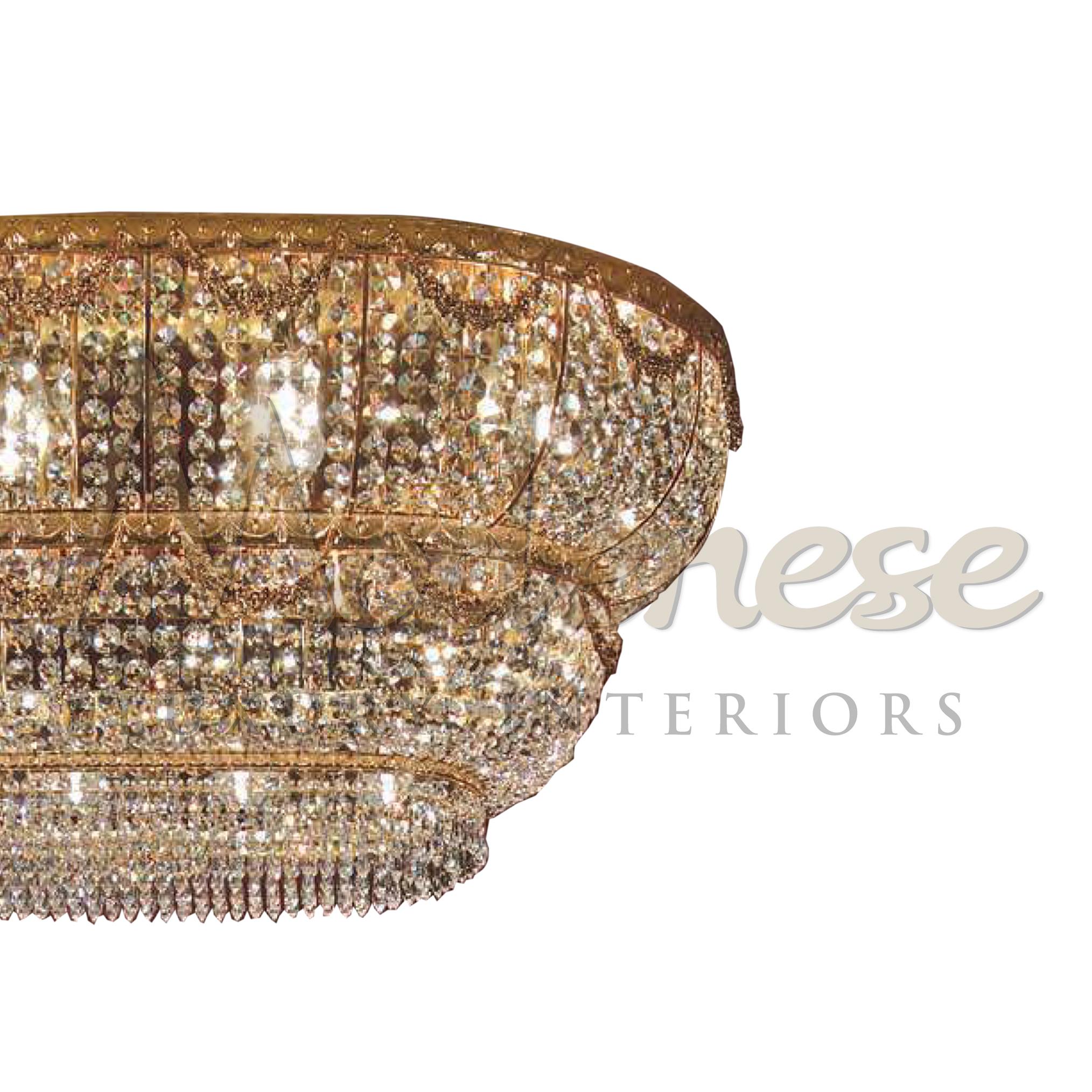 Baroque Majestic Italian Villa Ceiling Lamp in 24kt Gold Plate with Transparent Crystals For Sale